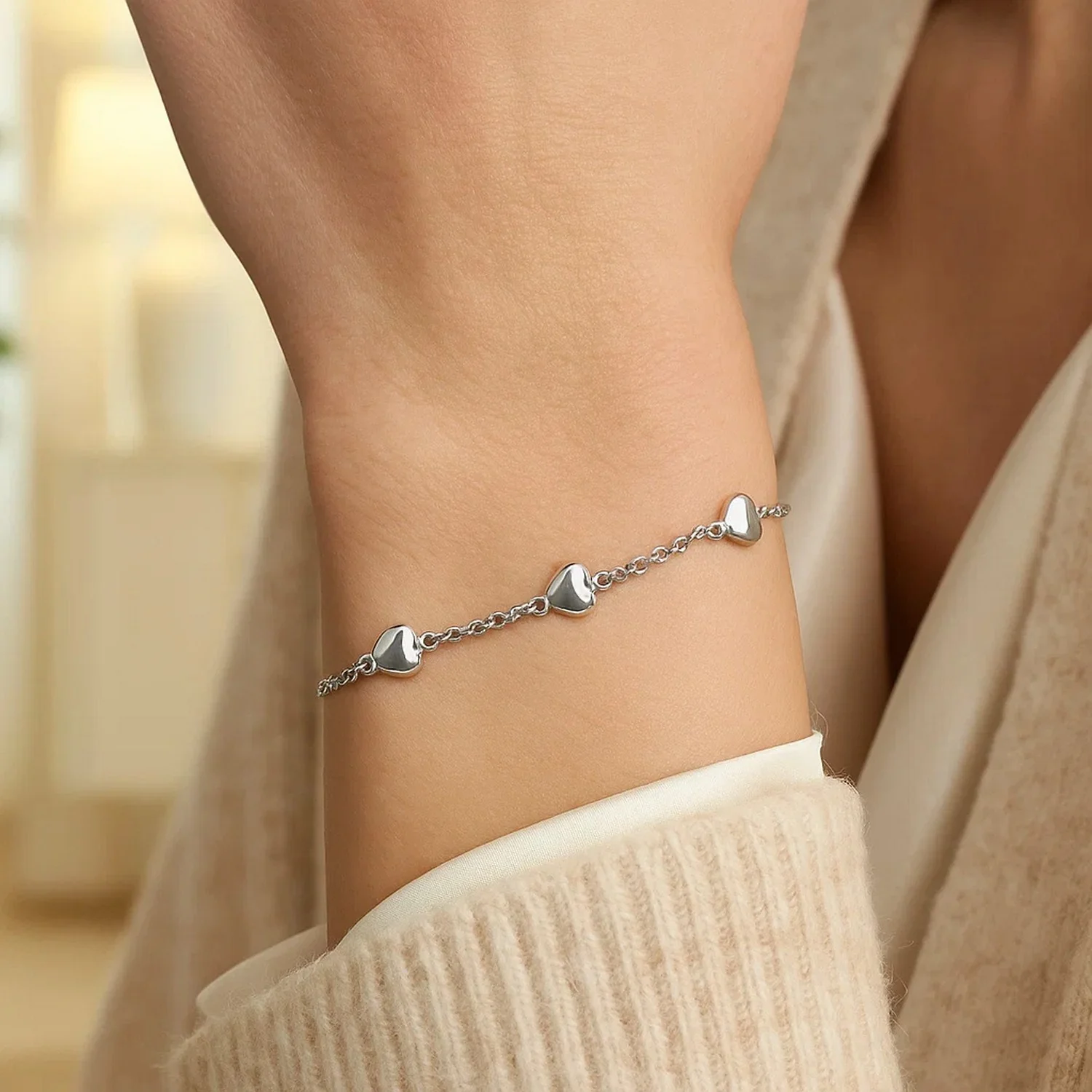 14k White Gold Rolo Chain Bracelet with Puffed Heart Stations - Image 3