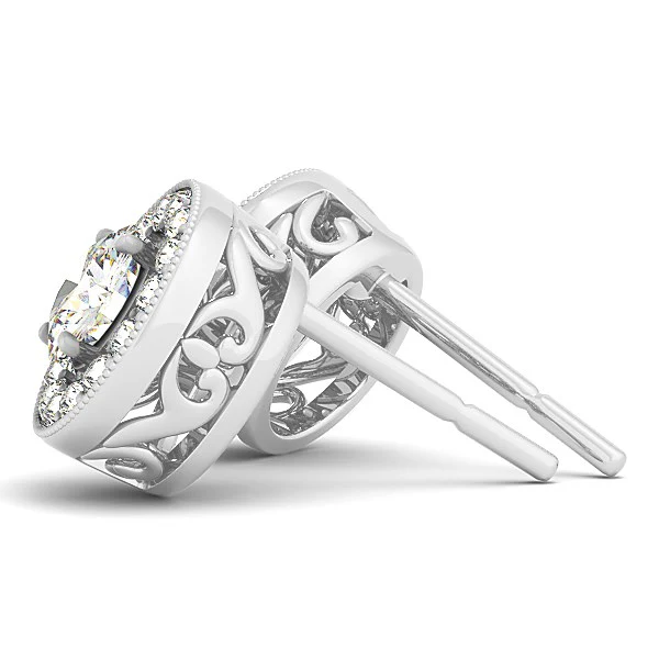 14k White Gold Round Diamond Halo Milgrain Border Earrings (3/4 cttw) - Image 2