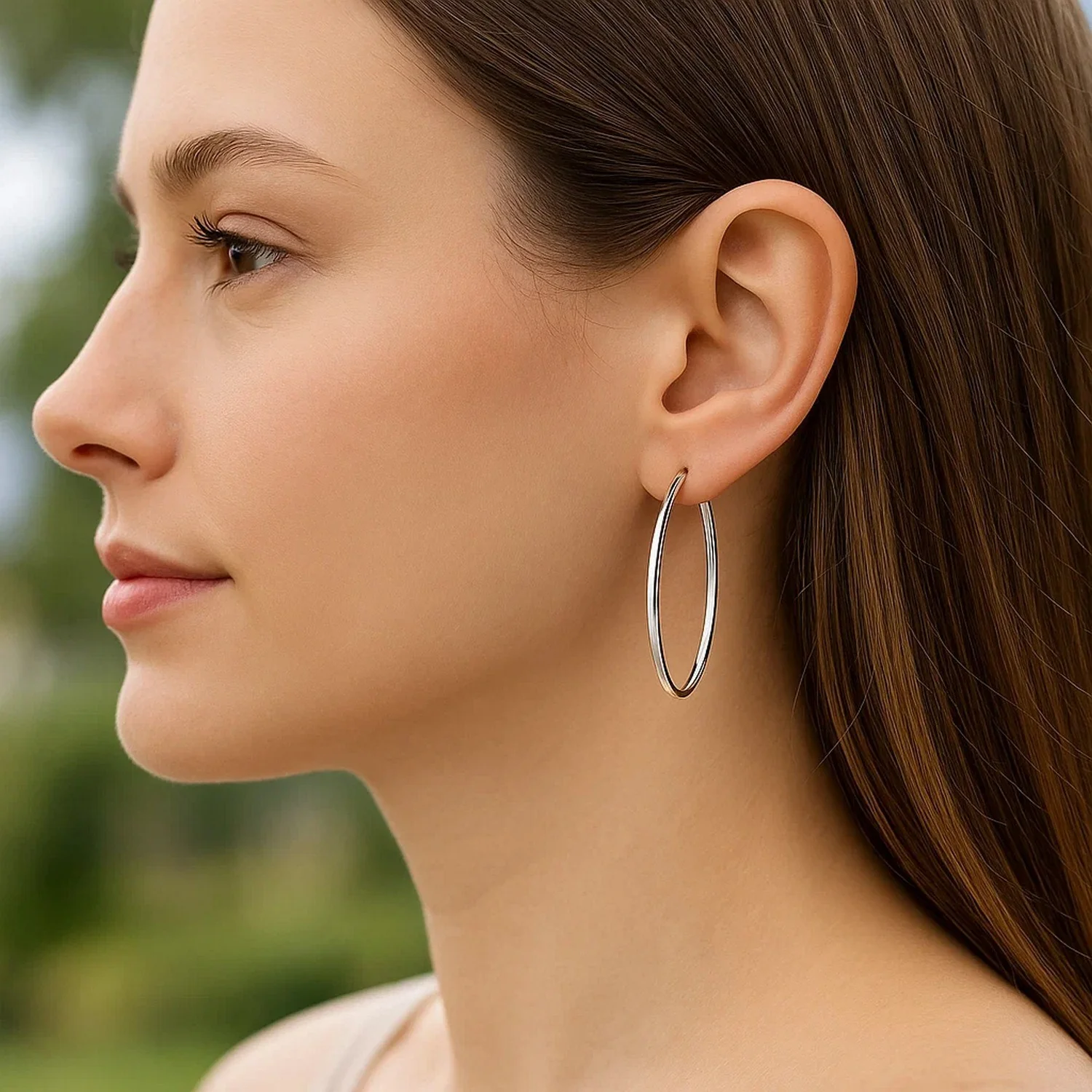 14k White Gold Slim Oval Shape Hoop Earrings - Image 3