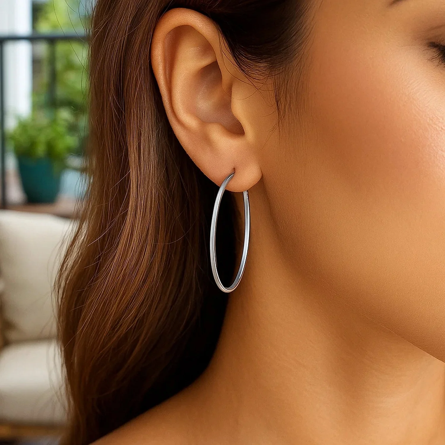 14k White Gold Slim Oval Shape Hoop Earrings - Image 5