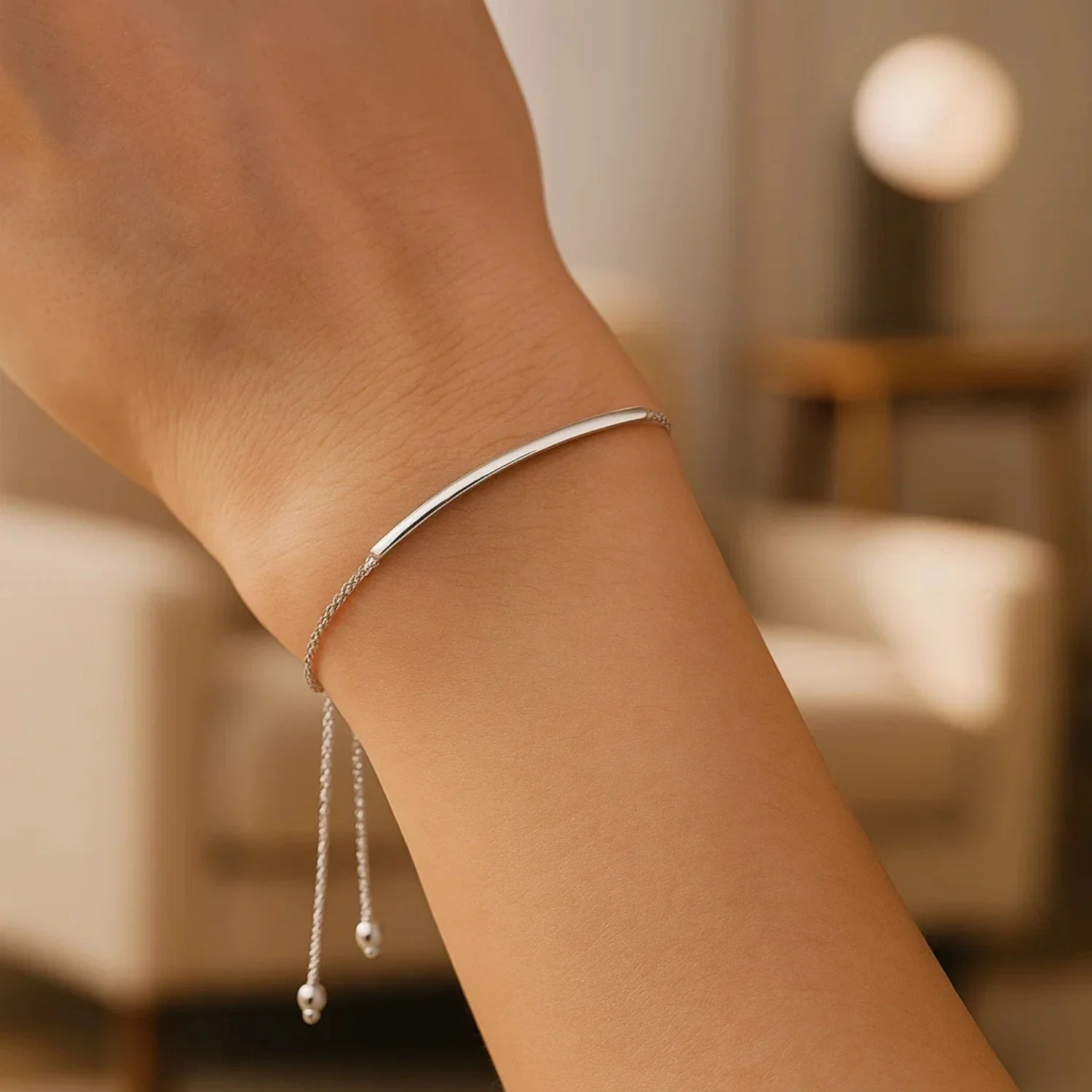 14k White Gold Smooth Curved Bar Lariat Design Bracelet - Image 6