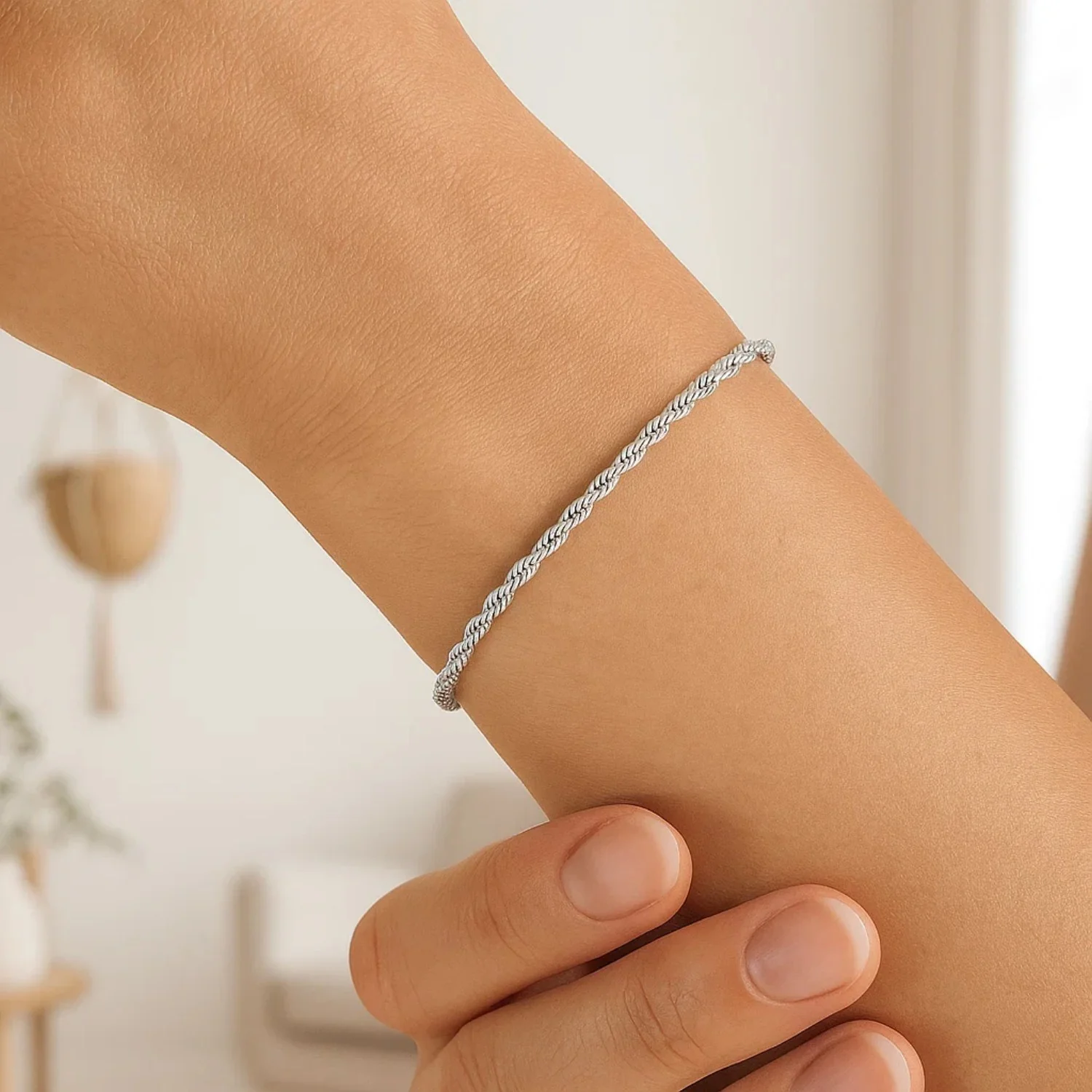 14k White Gold Solid Diamond Cut Rope Bracelet 1.5mm - Image 5