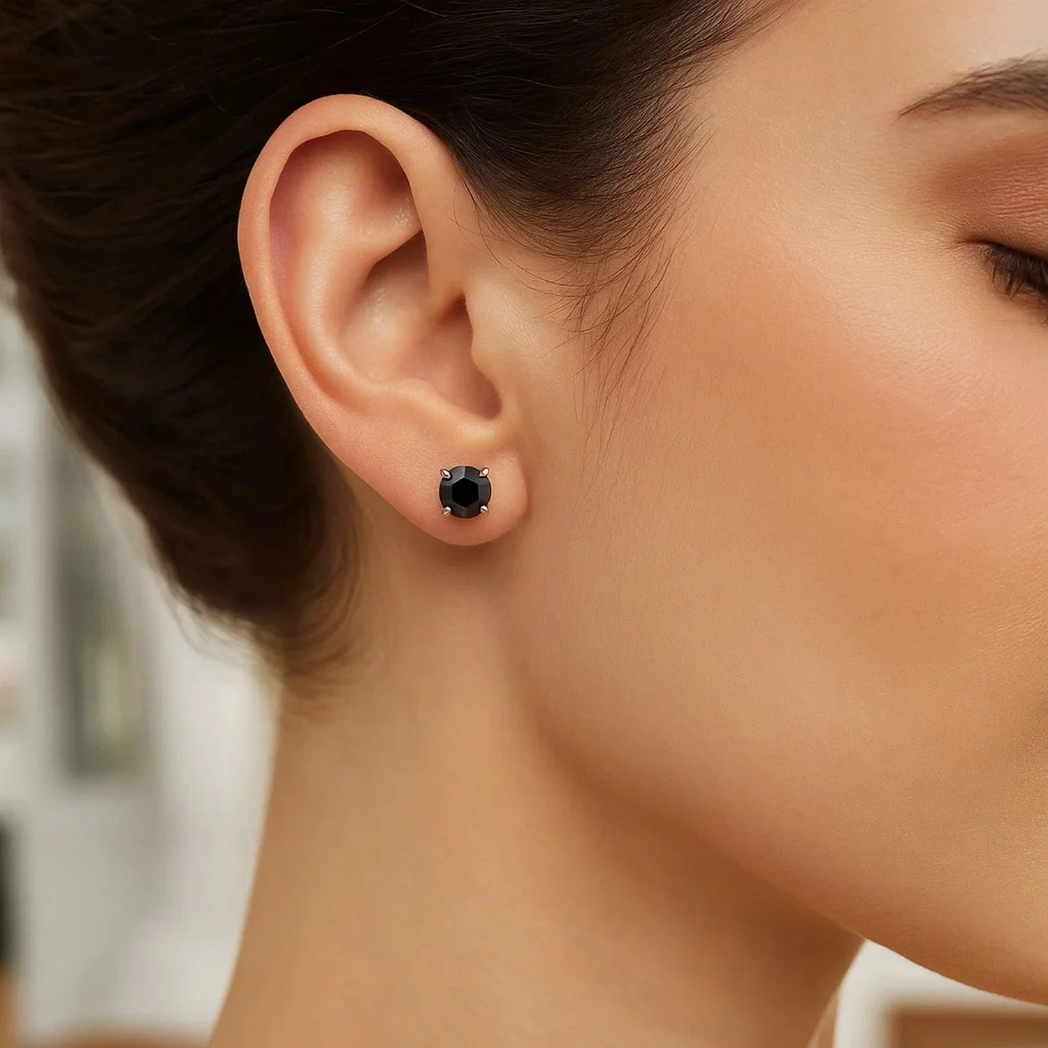 14k White Gold Stud Earrings with Black 4mm Cubic Zirconia - Image 4