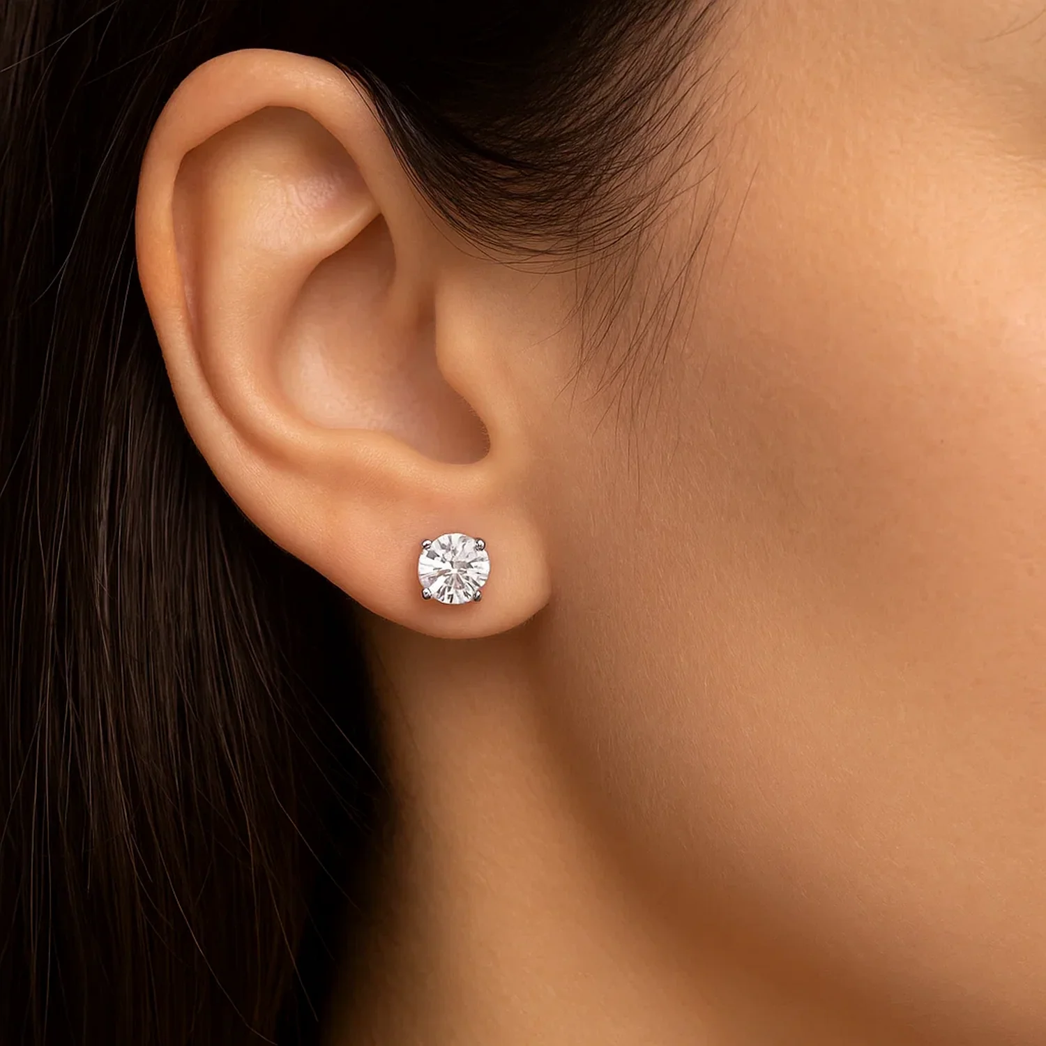 14k White Gold Stud Earrings with White Hue Faceted Cubic Zirconia - Image 6