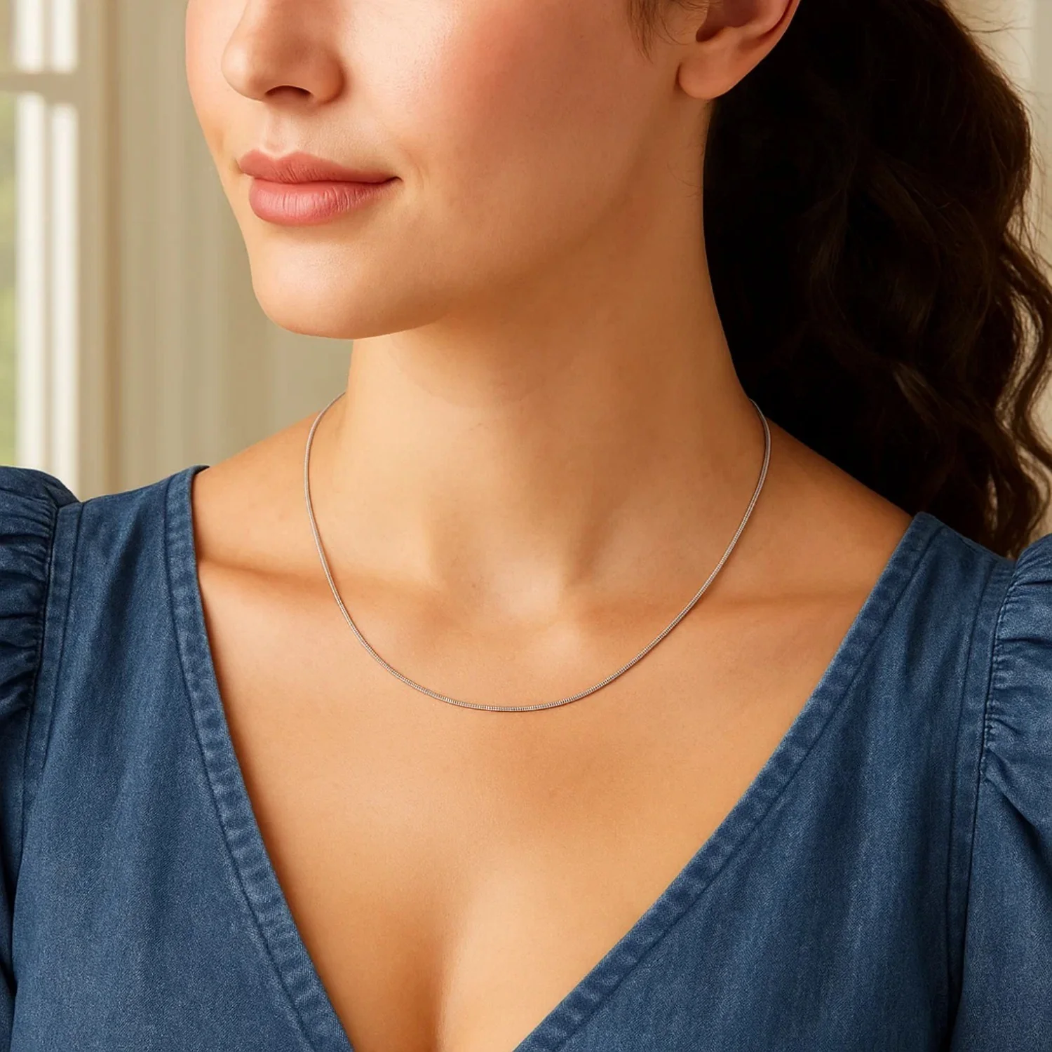 14k White Gold Thin Motif Round Omega Necklace - Image 11