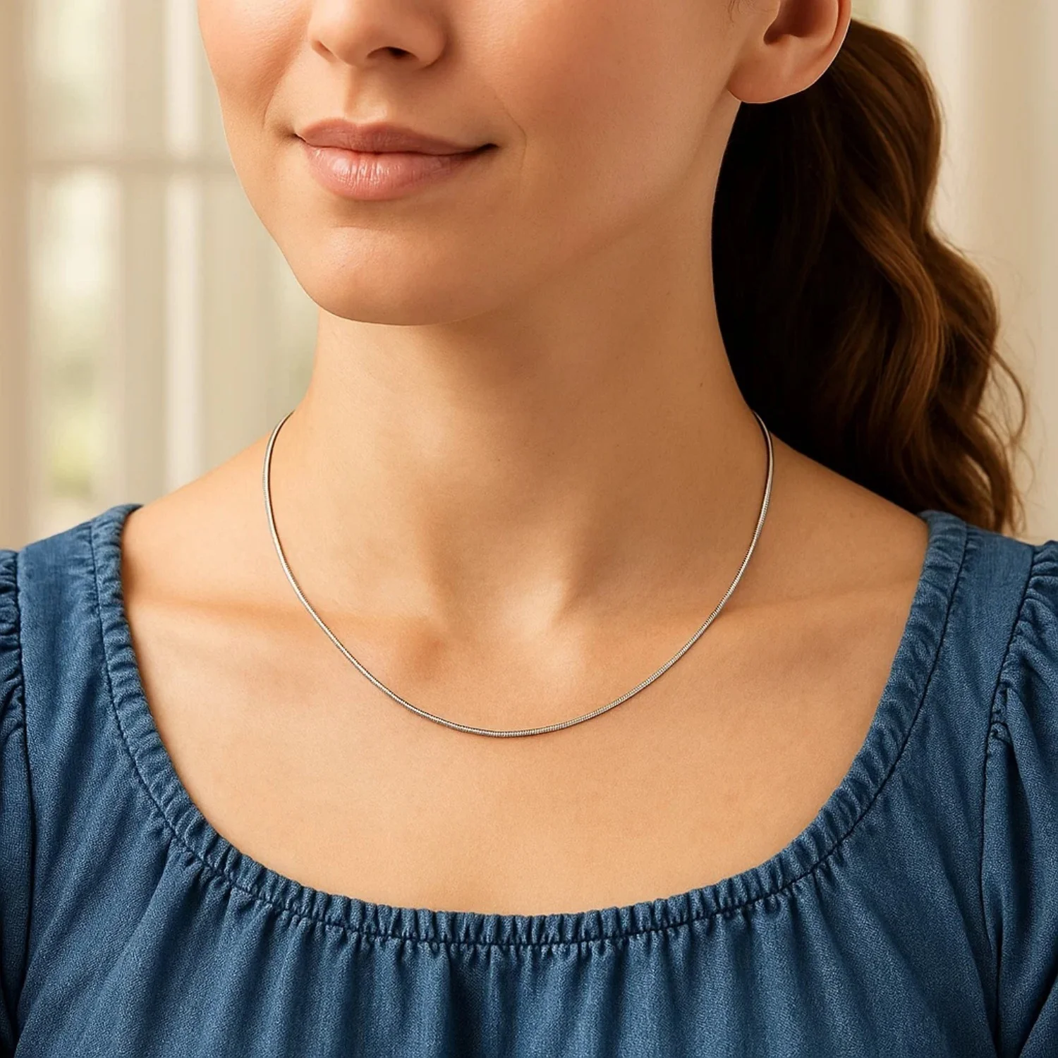 14k White Gold Thin Motif Round Omega Necklace - Image 16