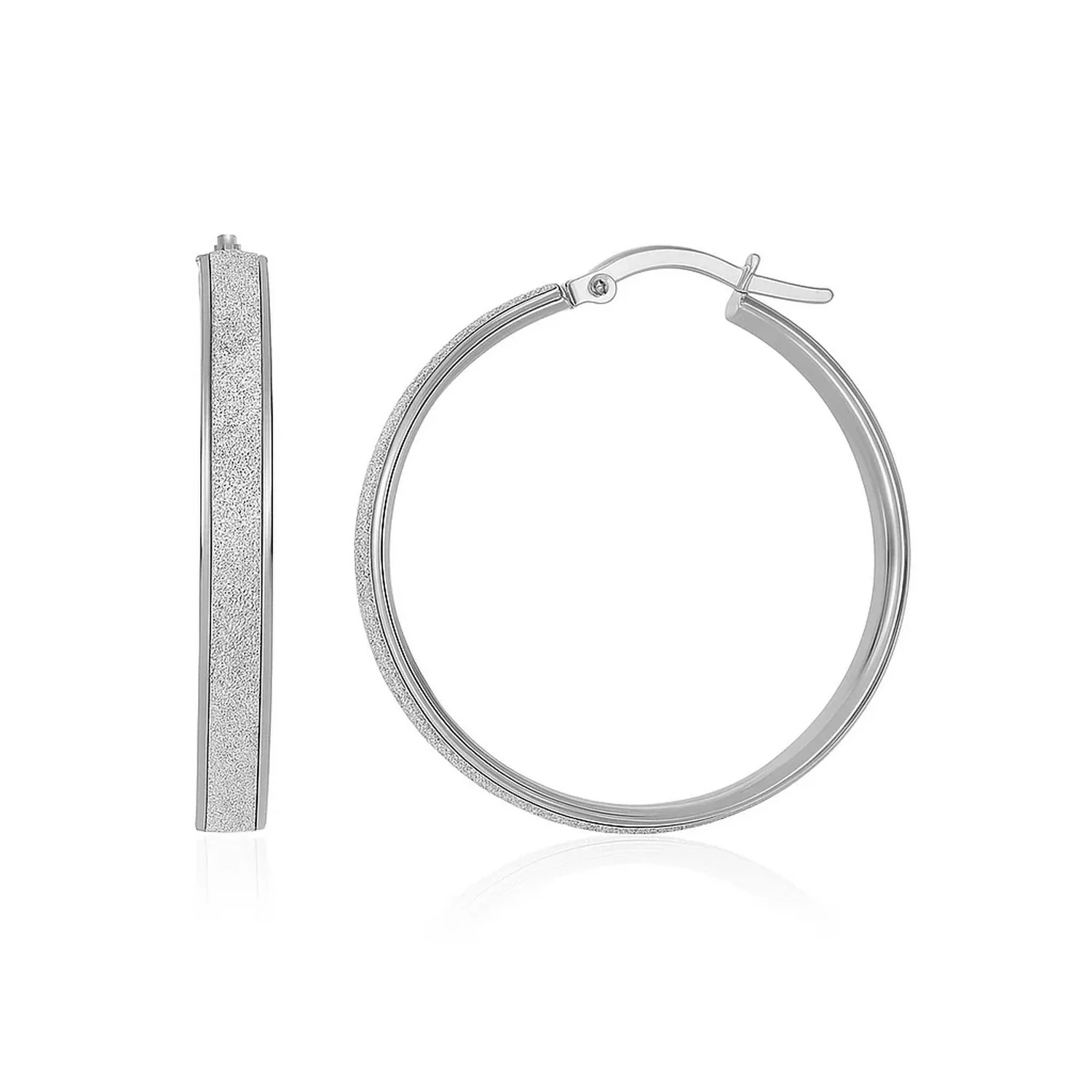 14k White Tone Gold Hoop Style Earrings with Center Glitter Look Design