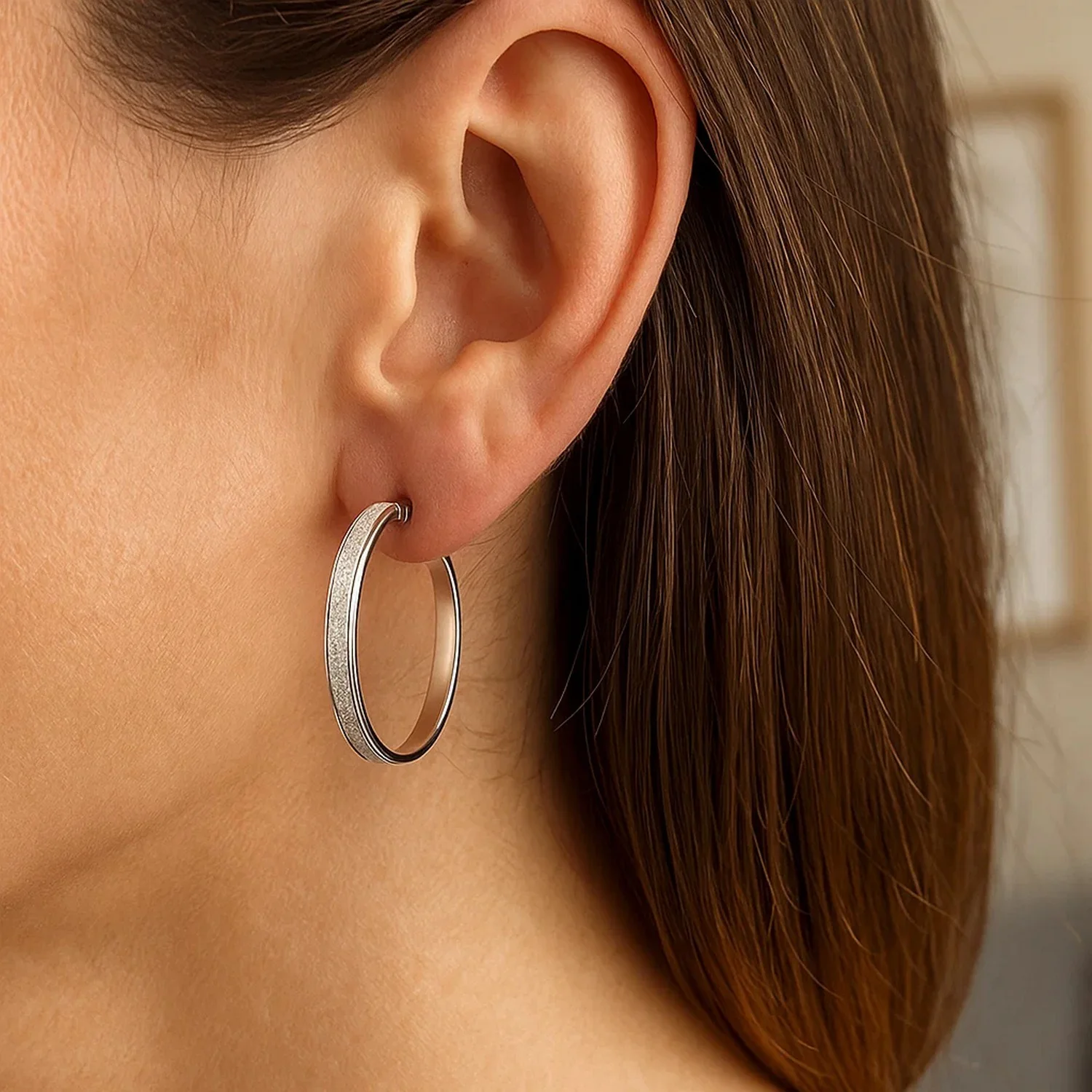 14k White Tone Gold Hoop Style Earrings with Center Glitter Look Design - Image 2
