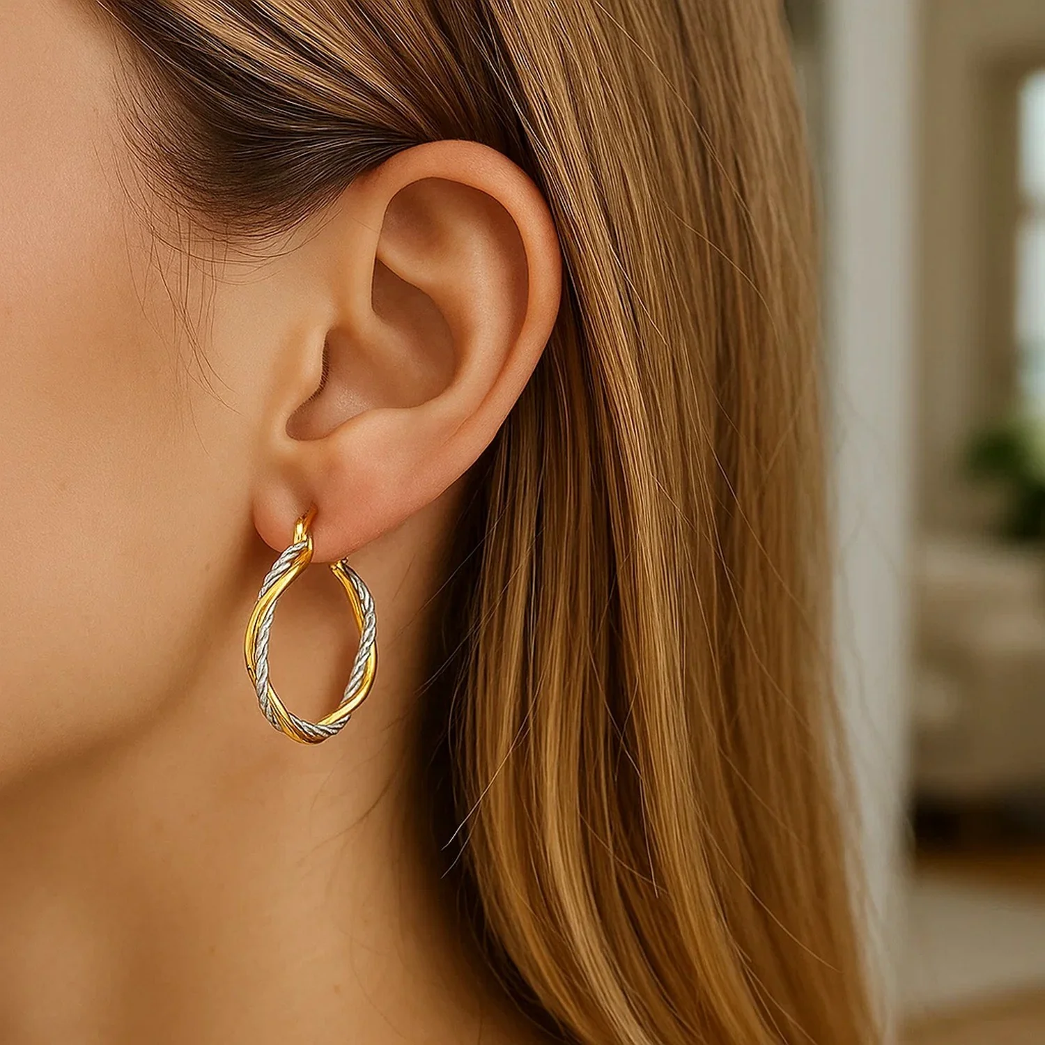 14k Yellow and White Gold Two Part Textured Twisted Round Hoop Earrings - Image 3