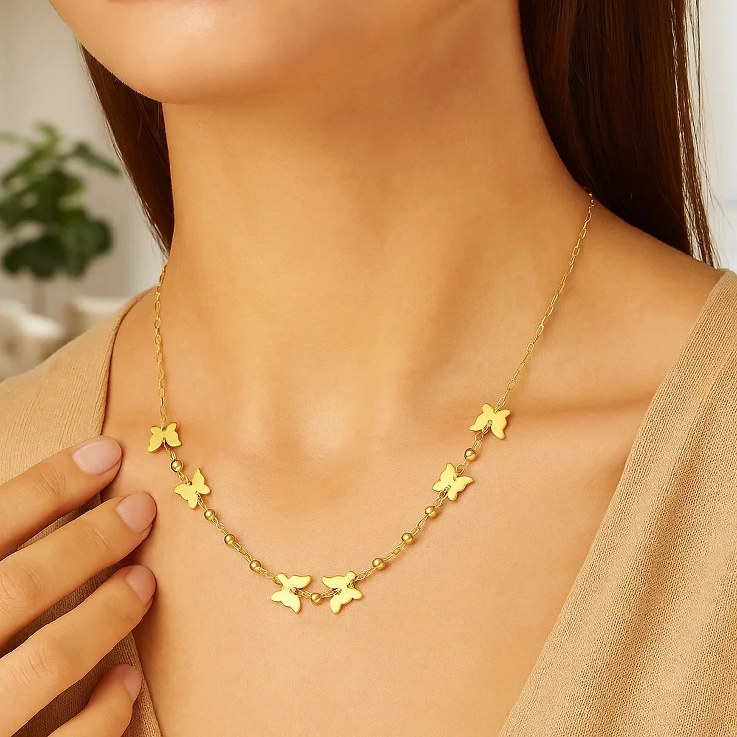 14k Yellow Gold 18 inch Necklace with Polished Butterflies and Beads - Image 3