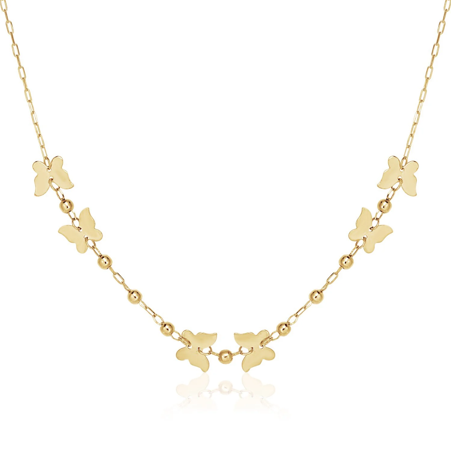 14k Yellow Gold 18 inch Necklace with Polished Butterflies and Beads - Image 4