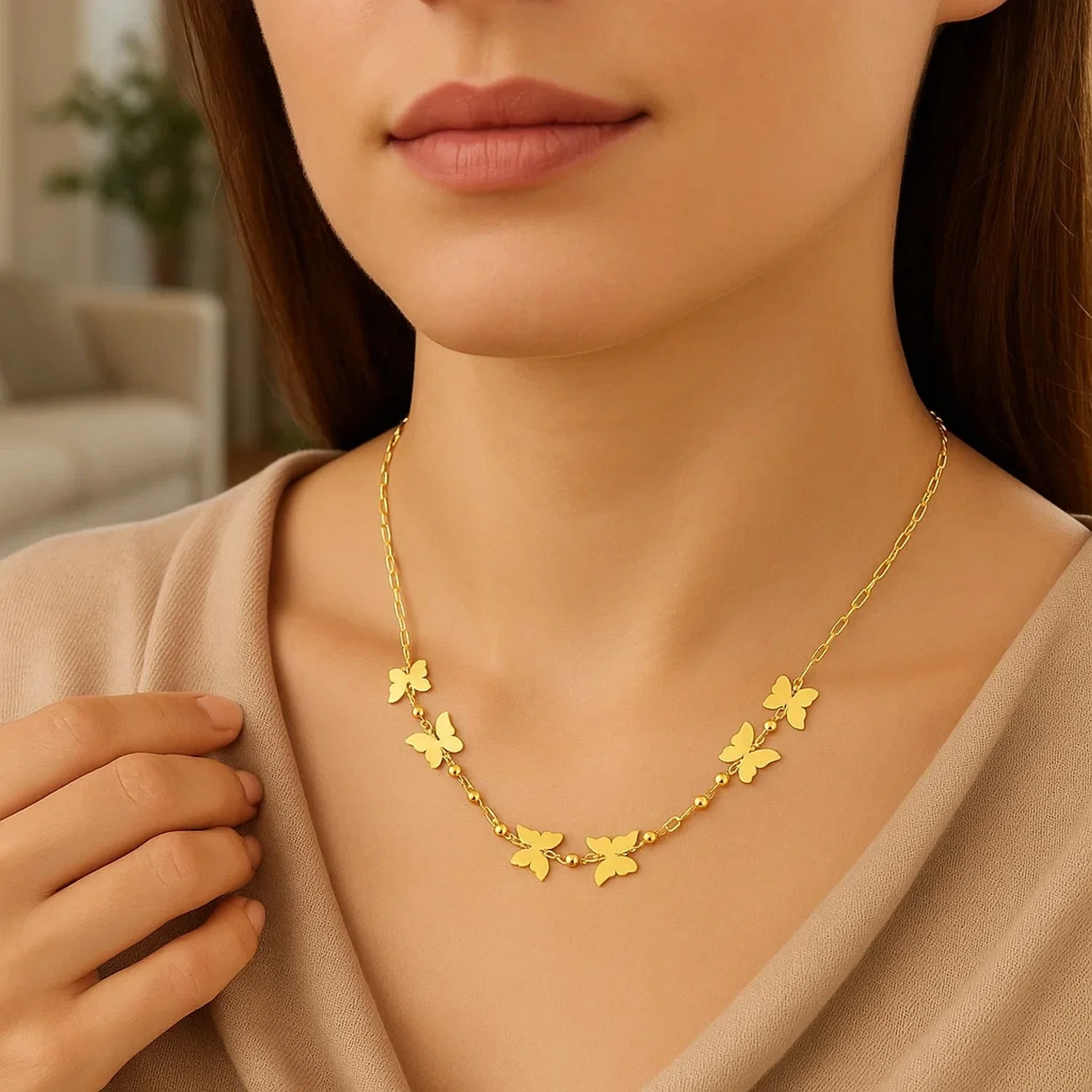 14k Yellow Gold 18 inch Necklace with Polished Butterflies and Beads - Image 6