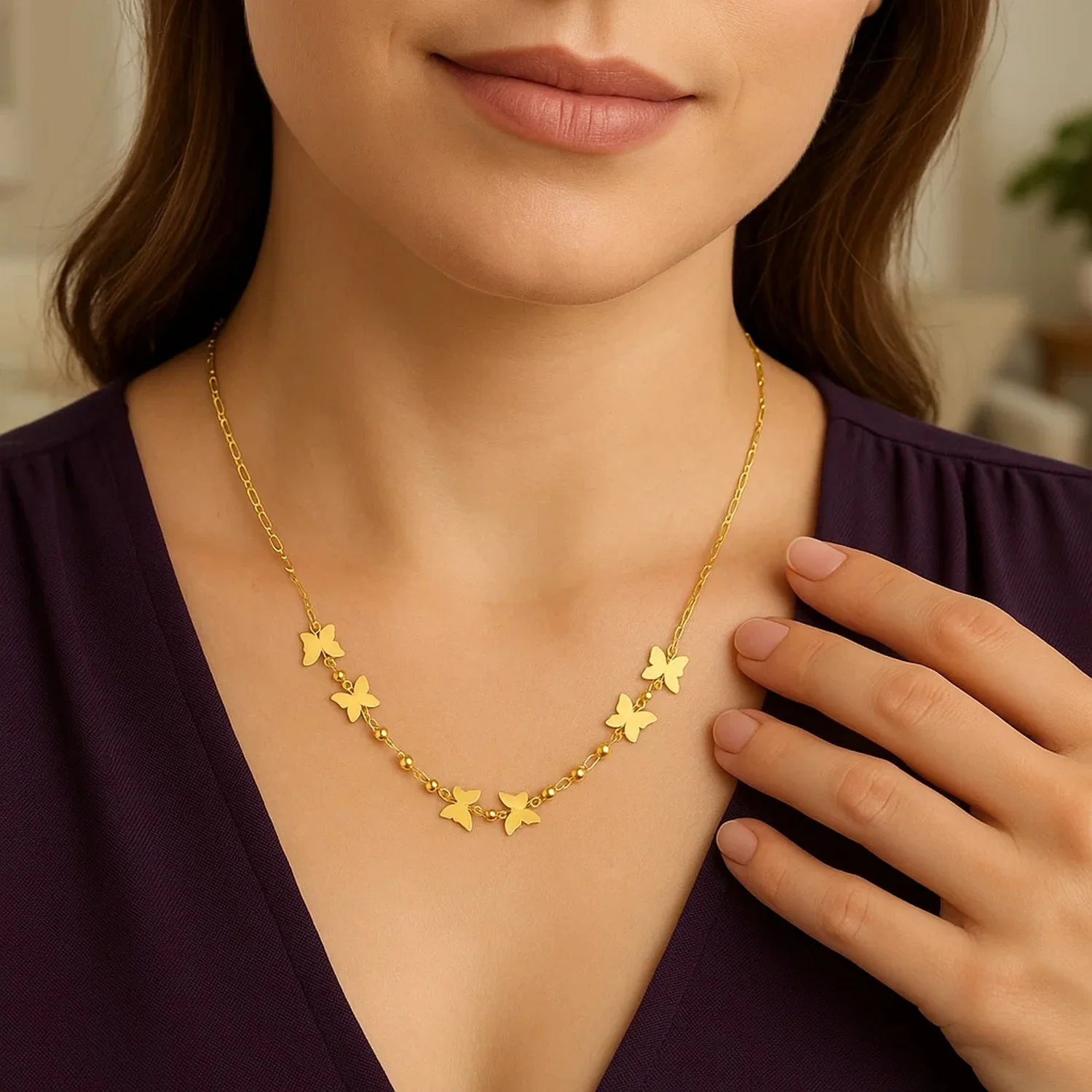 14k Yellow Gold 18 inch Necklace with Polished Butterflies and Beads - Image 8