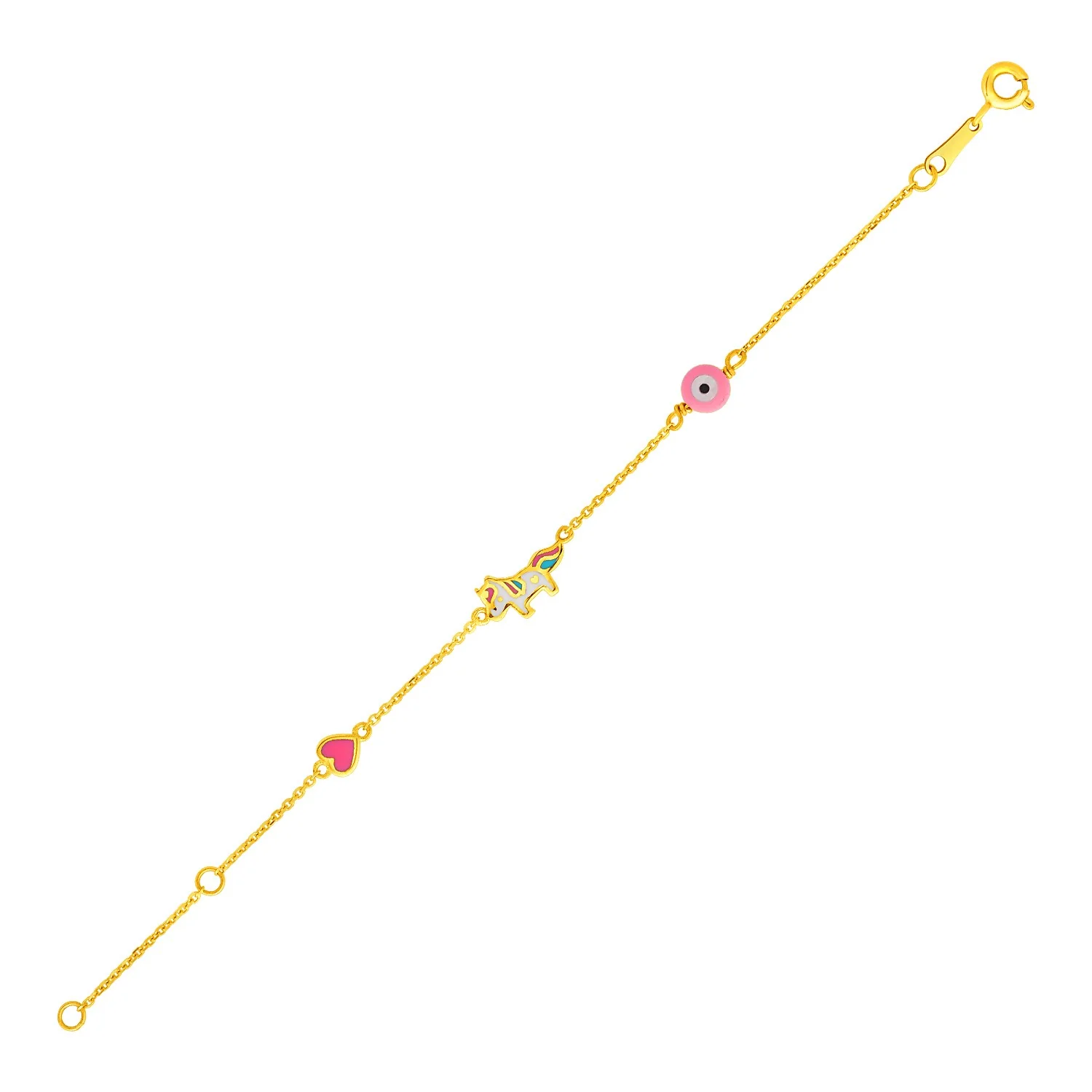 14k Yellow Gold 5 1/2 inch Childrens Bracelet with Enameled Heart Unicorn and Circle