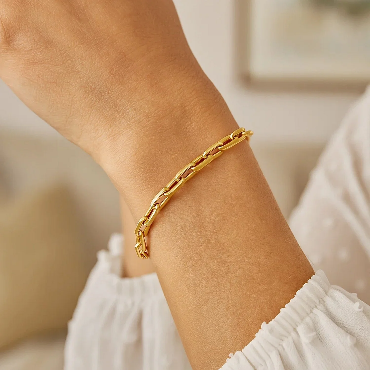 14k Yellow Gold 7 1/2 inch Paperclip Chain Bracelet with Three Diamond Links - Image 4