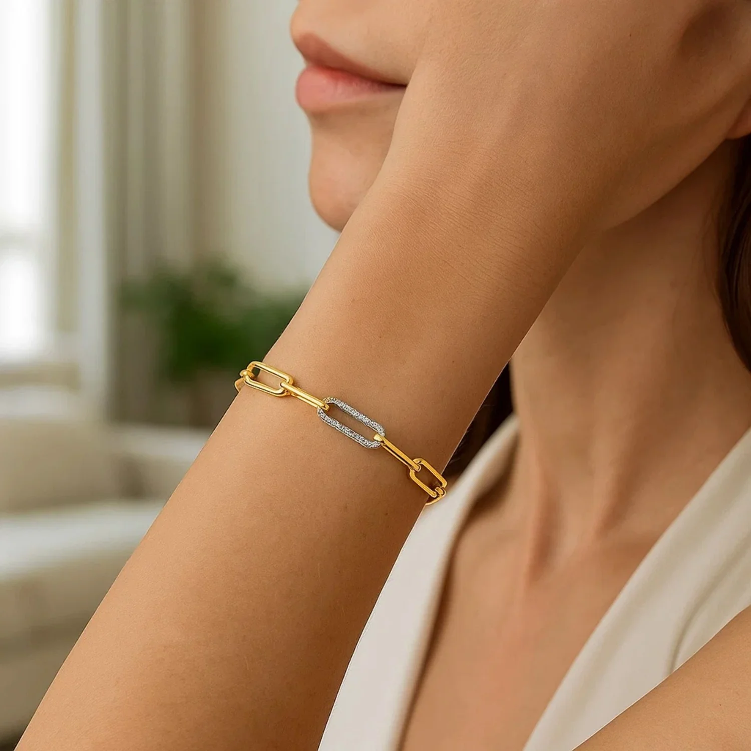 14k Yellow Gold 7 1/2 inch Paperclip Chain Bracelet with Three Diamond Links - Image 2