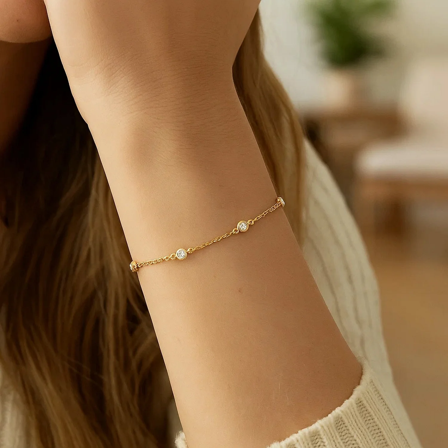 14k Yellow Gold 7 inch Bracelet with Diamond Stations - Image 3