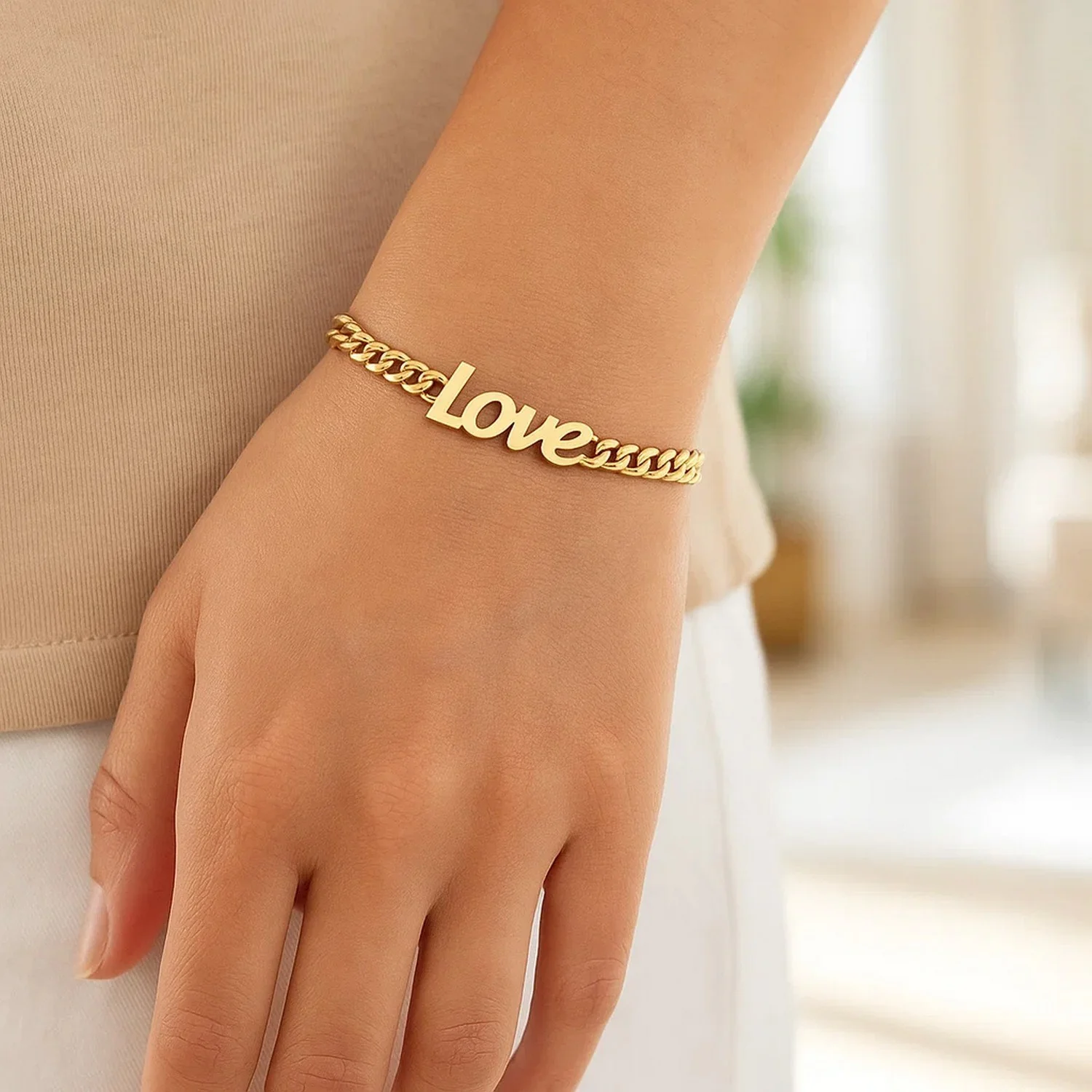 14k Yellow Gold 7 inch Curb Chain Love Bracelet - Image 5