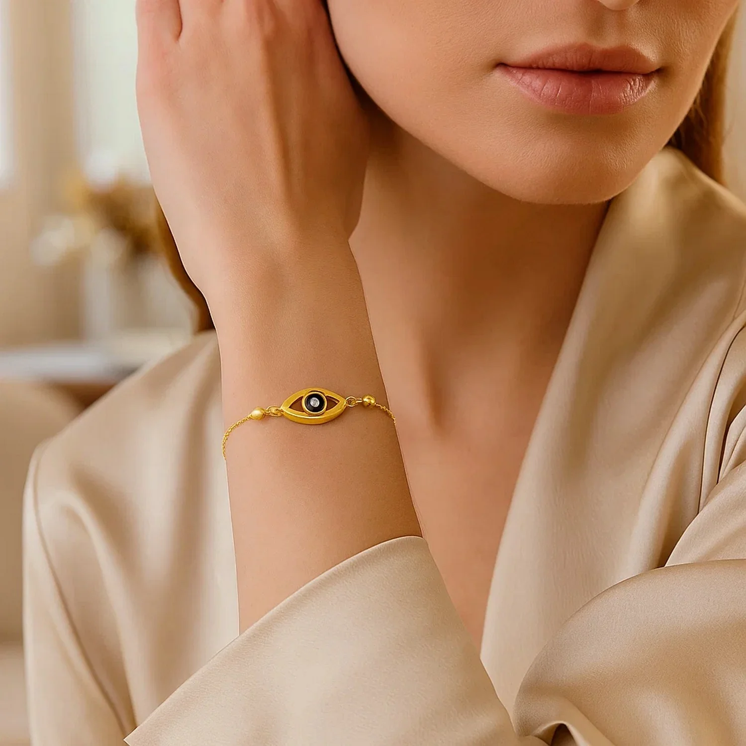 14k Yellow Gold Adjustable Evil Eye Bracelet - Image 4