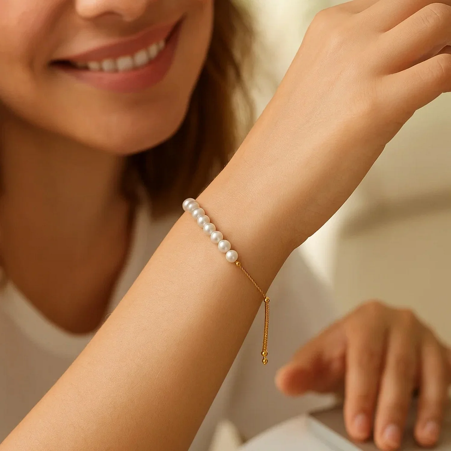 14k Yellow Gold Adjustable Friendship Bracelet with Pearls - Image 2