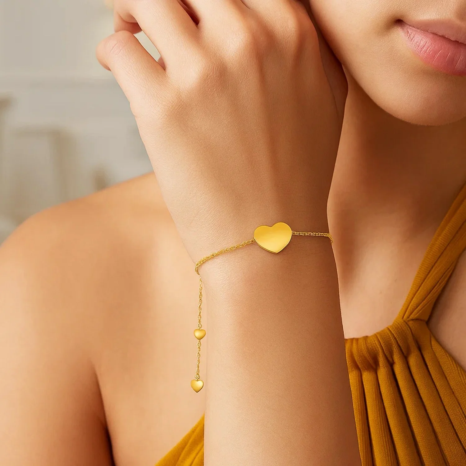 14k Yellow Gold Adjustable Heart Bracelet - Image 2