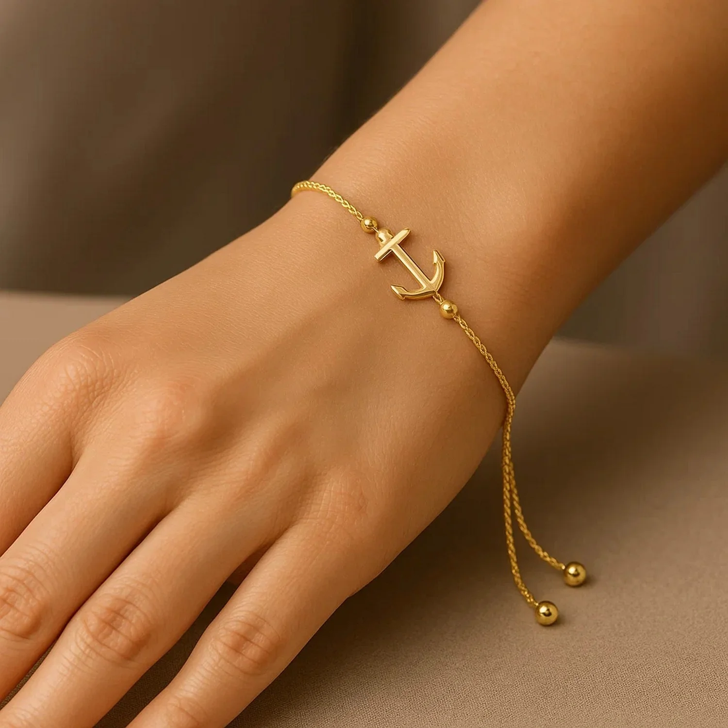 14k Yellow Gold Anchor Design Adjustable Lariat Bracelet - Image 5