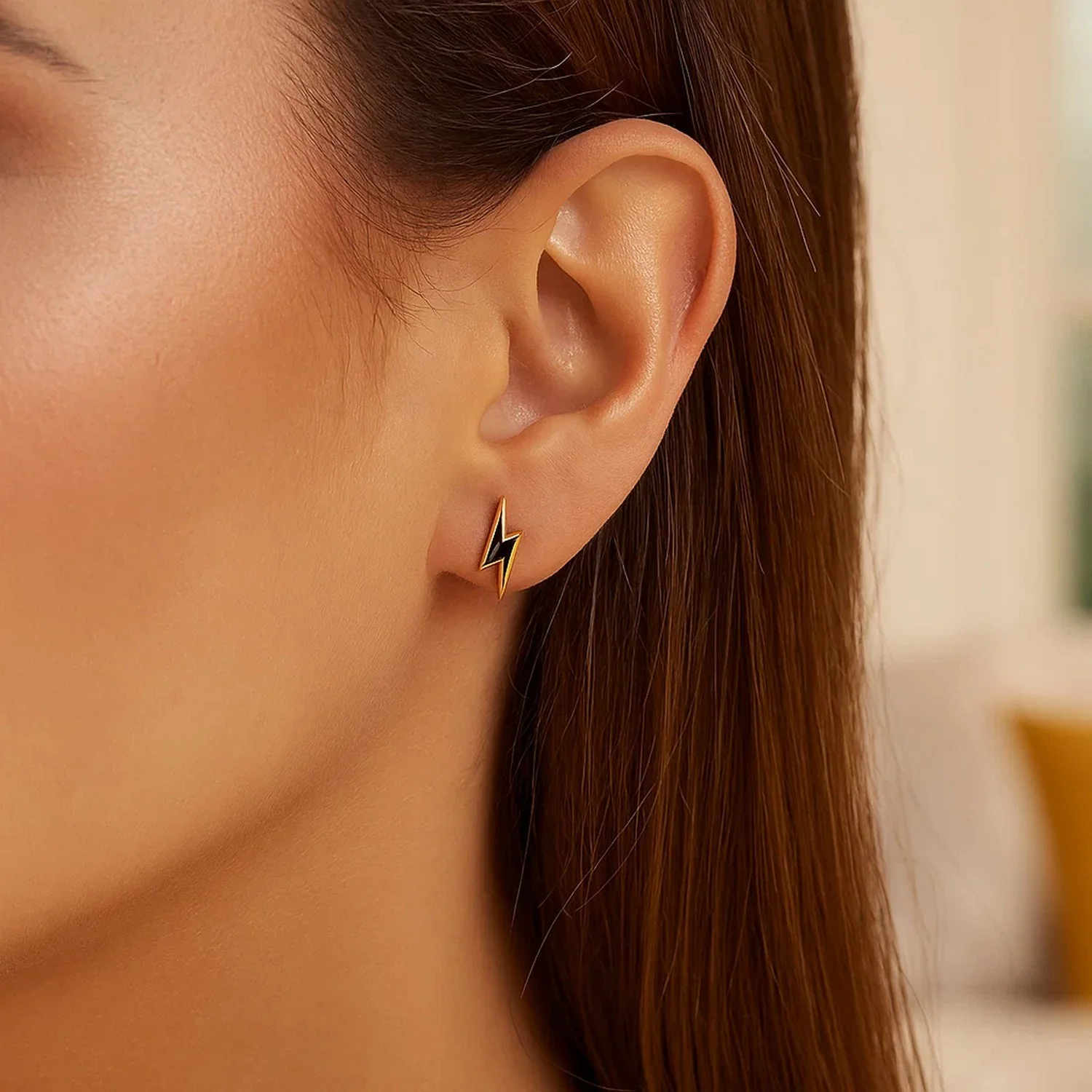 14k Yellow Gold and Enamel Black Lightning Bolt Stud Earrings - Image 4