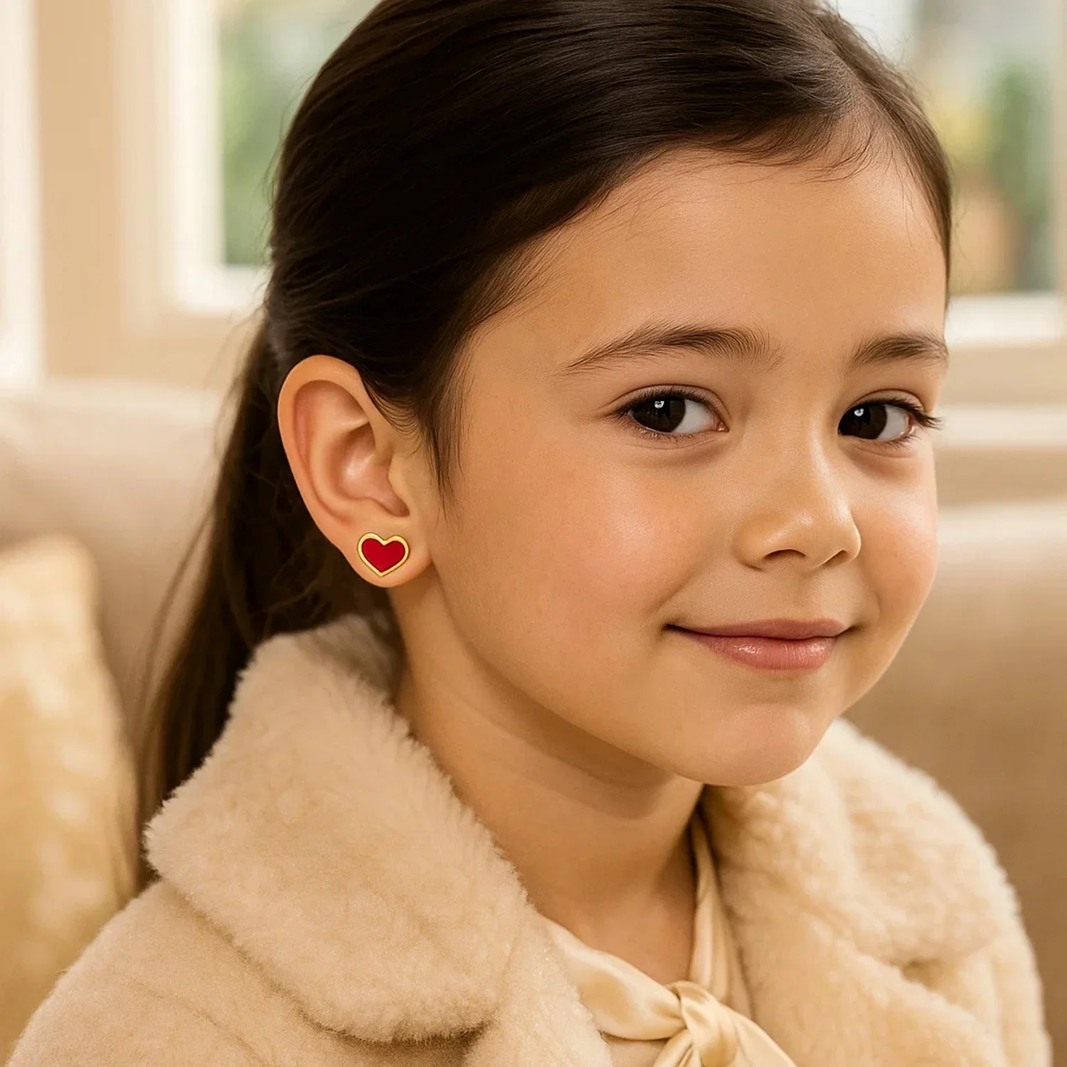 14k Yellow Gold and Enamel Red Heart Stud Earrings - Image 2
