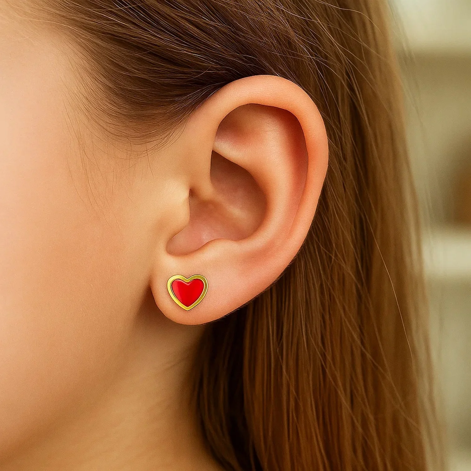 14k Yellow Gold and Enamel Red Heart Stud Earrings - Image 4