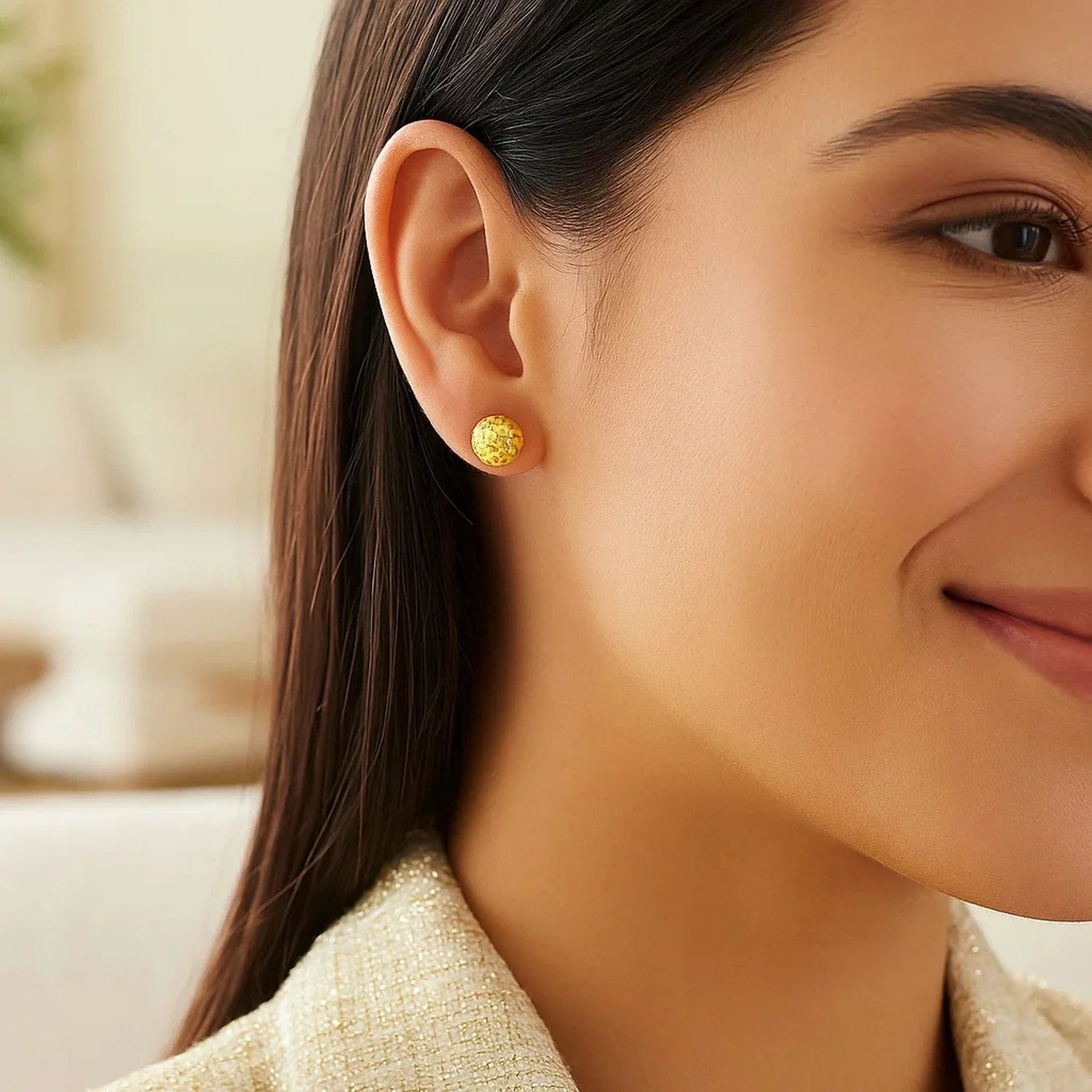14k Yellow Gold Ball Earrings with Crystal Cut Texture - Image 3