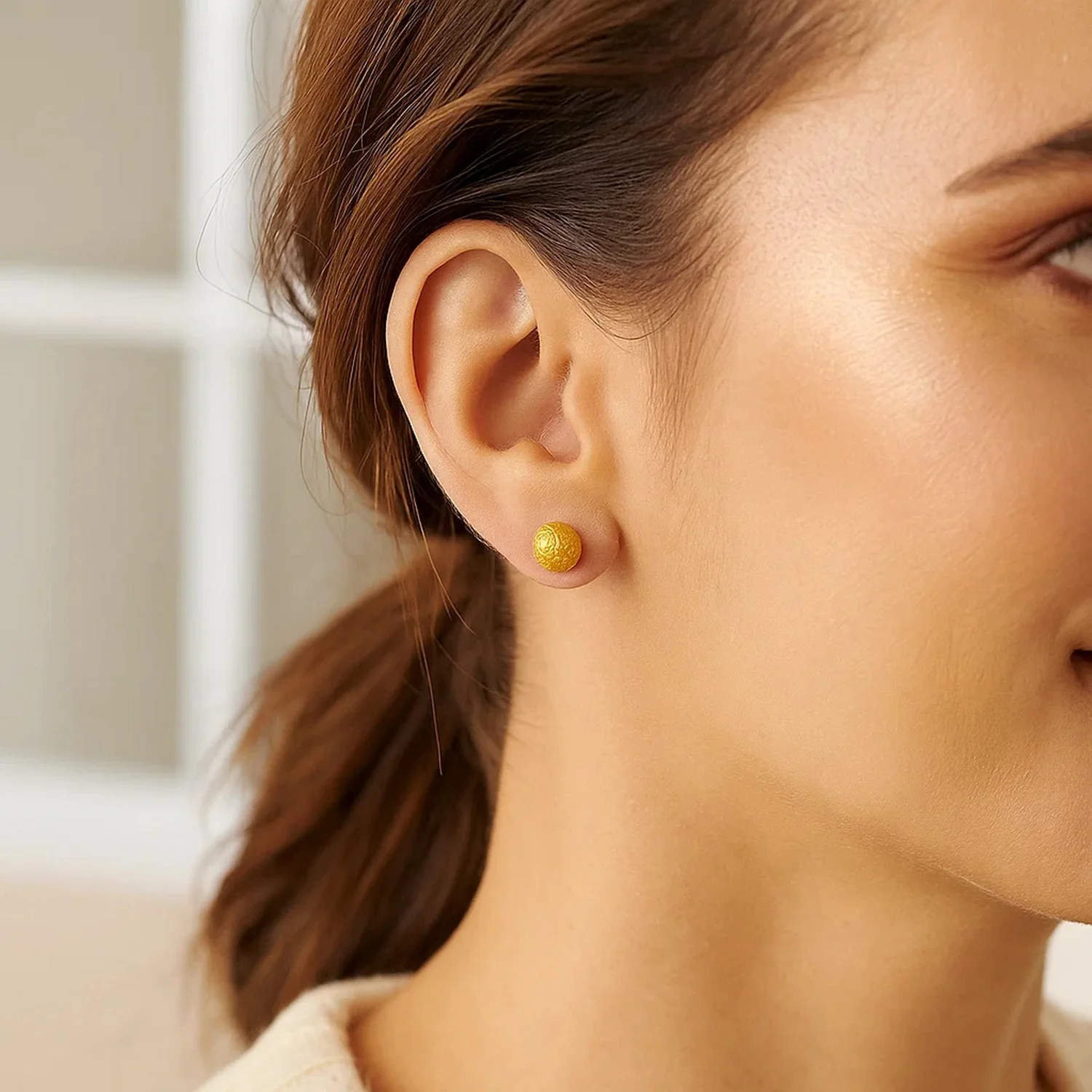 14k Yellow Gold Ball Earrings with Crystal Cut Texture - Image 4