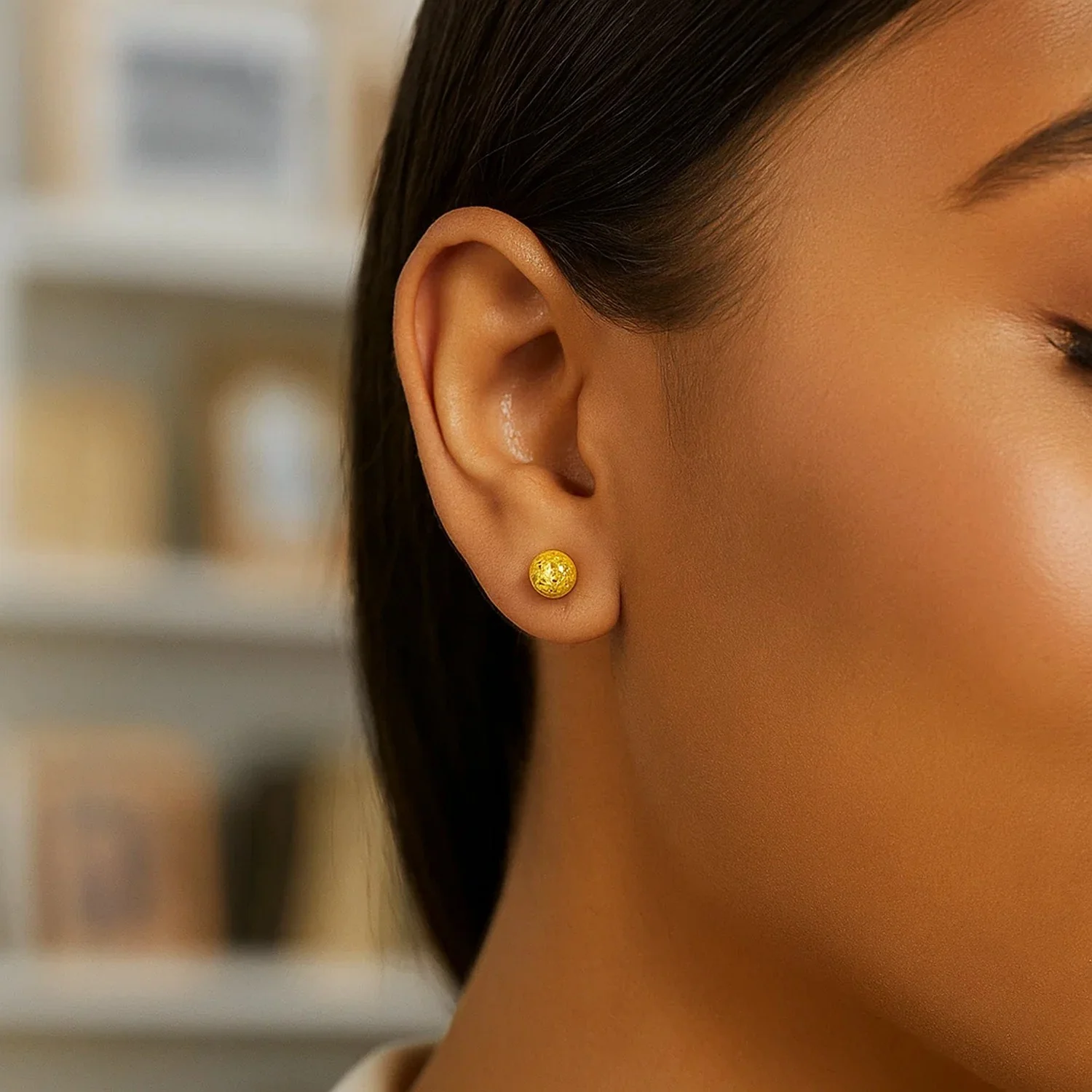 14k Yellow Gold Ball Earrings with Crystal Cut Texture - Image 3