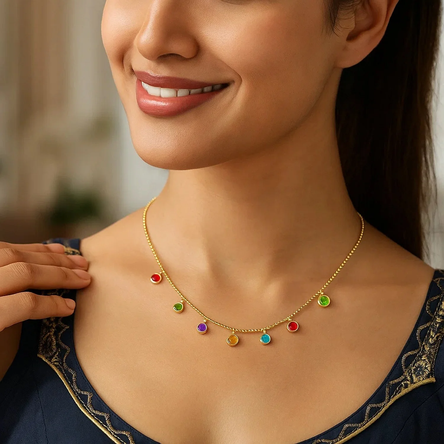 14k Yellow Gold Cable Chain Necklace with Round Multi-Tone Charms - Image 3