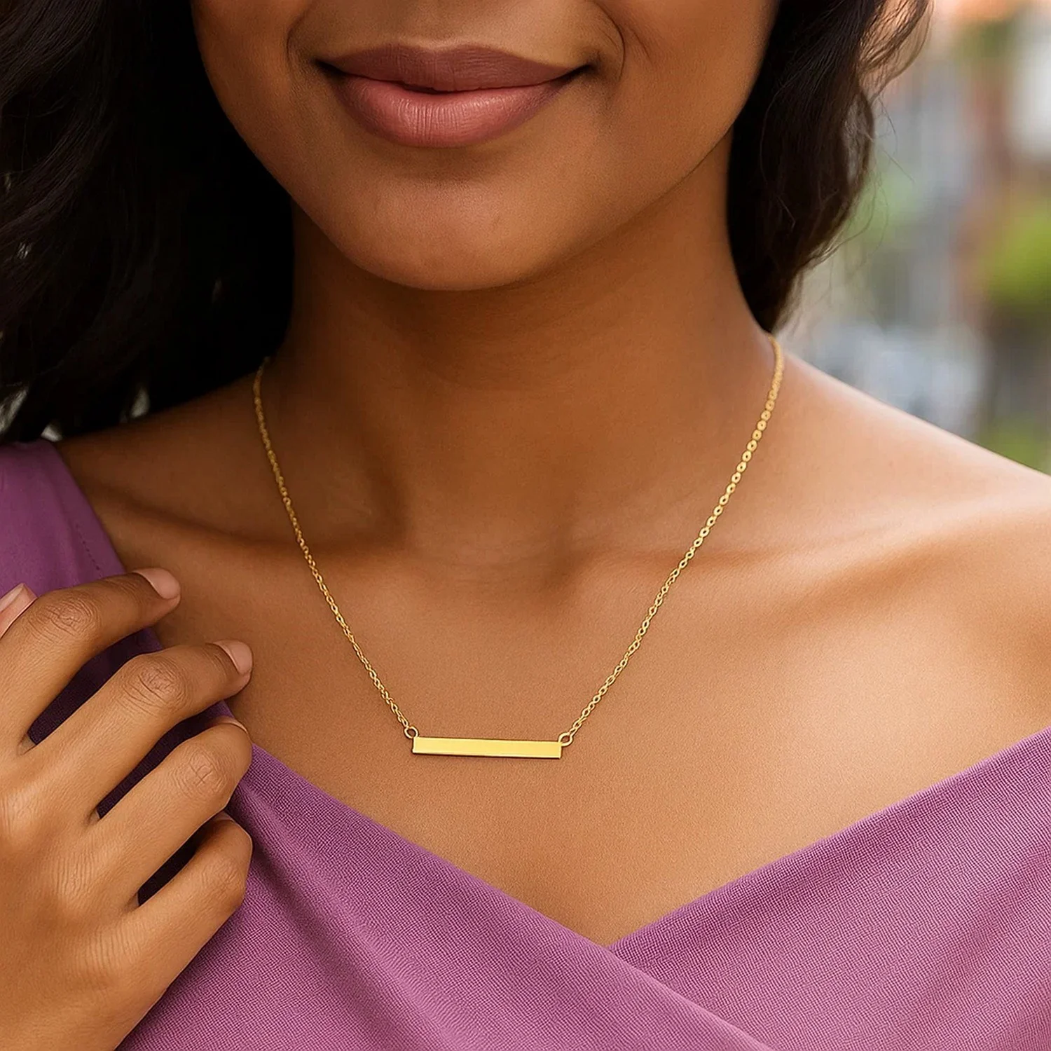14k Yellow Gold Chain Necklace with a Shiny Flat Bar - Image 6