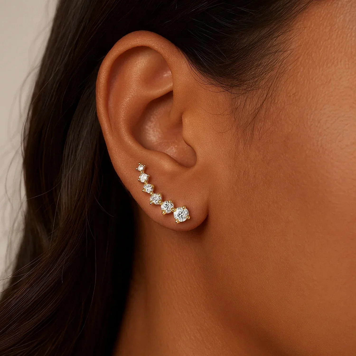 14k Yellow Gold Climber Post Earrings with Cubic Zirconias - Image 2