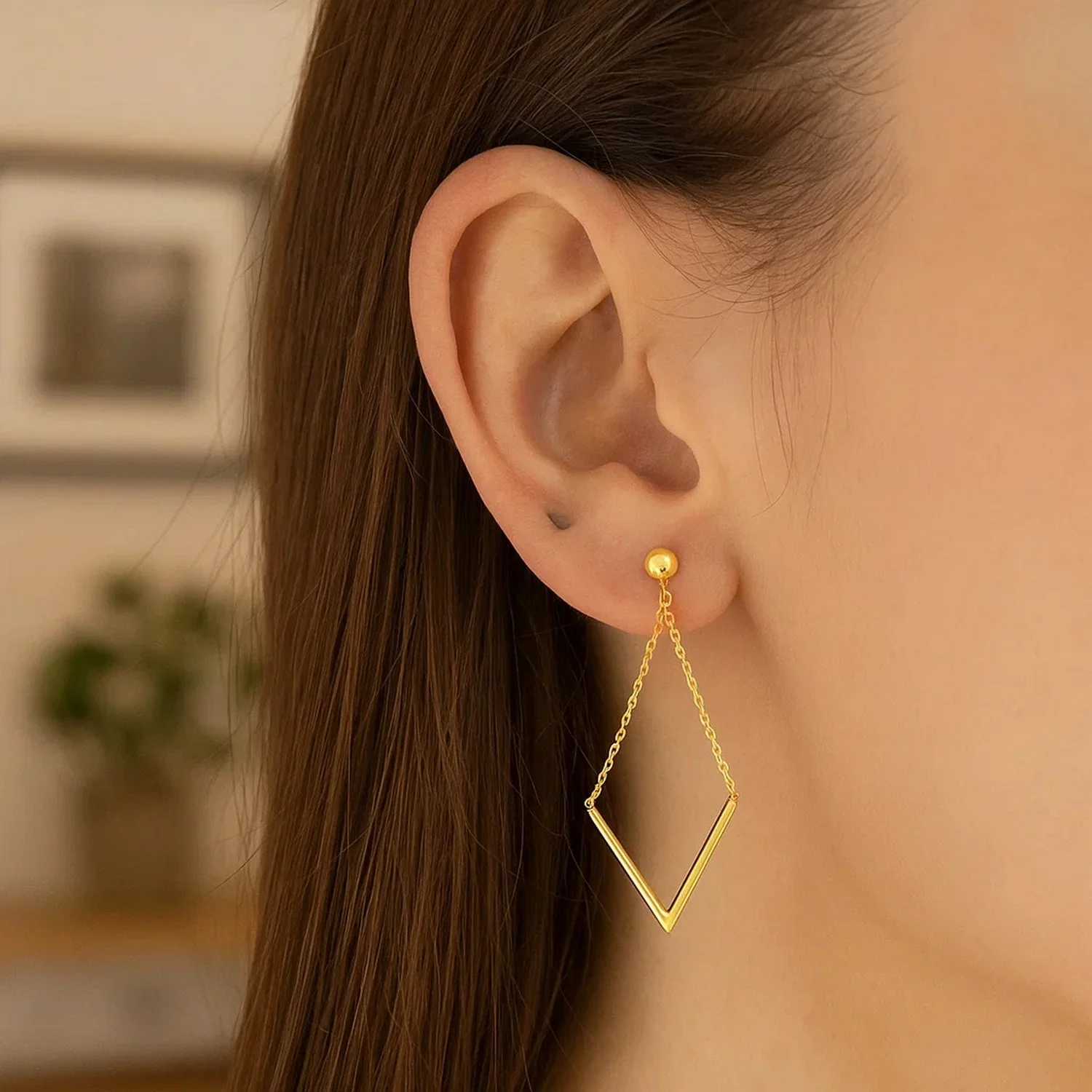 14k Yellow Gold Diamond Shape Chain Drop Earrings - Image 3