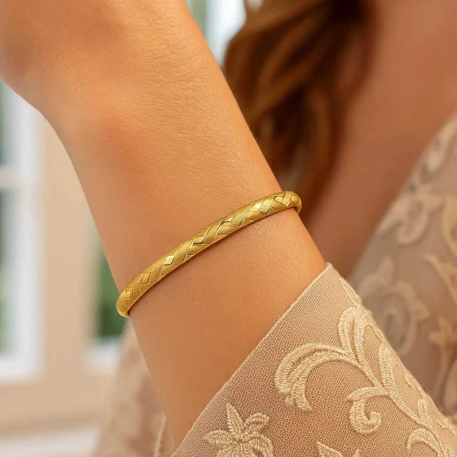 14k Yellow Gold Domed Bangle with a Weave Motif - Image 10