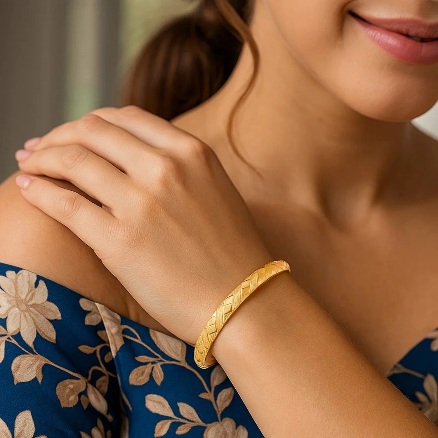 14k Yellow Gold Domed Bangle with a Weave Motif - Image 7