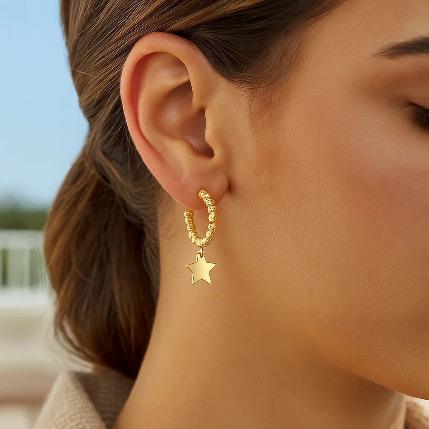 14K Yellow Gold Drop Star Charm Beaded Hoop Earrings - Image 2