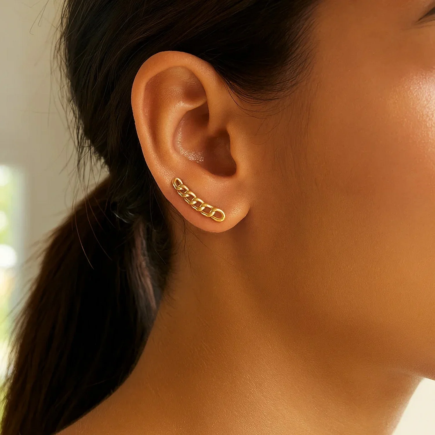14k Yellow Gold Ear Climber Earring with Chain Links - Image 2