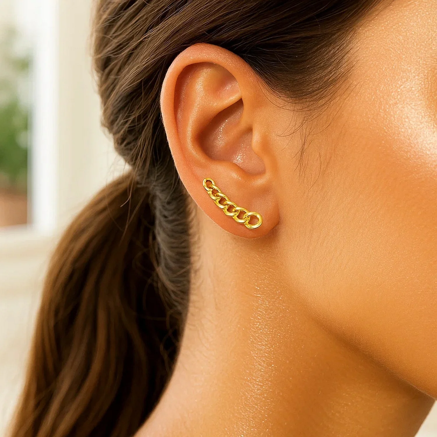 14k Yellow Gold Ear Climber Earring with Chain Links - Image 3