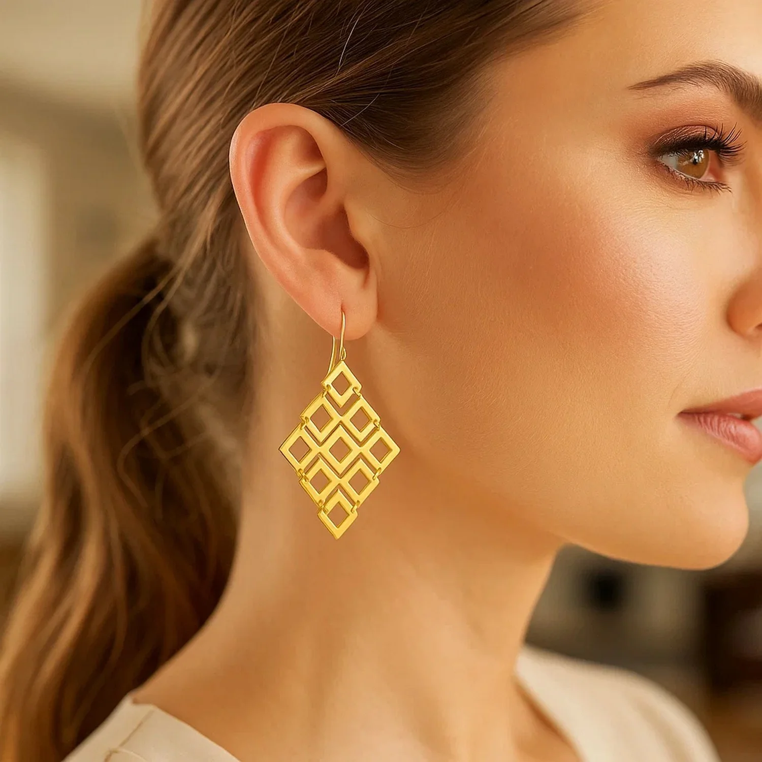 14k Yellow Gold Earrings with Polished Open Diamond Motifs - Image 2
