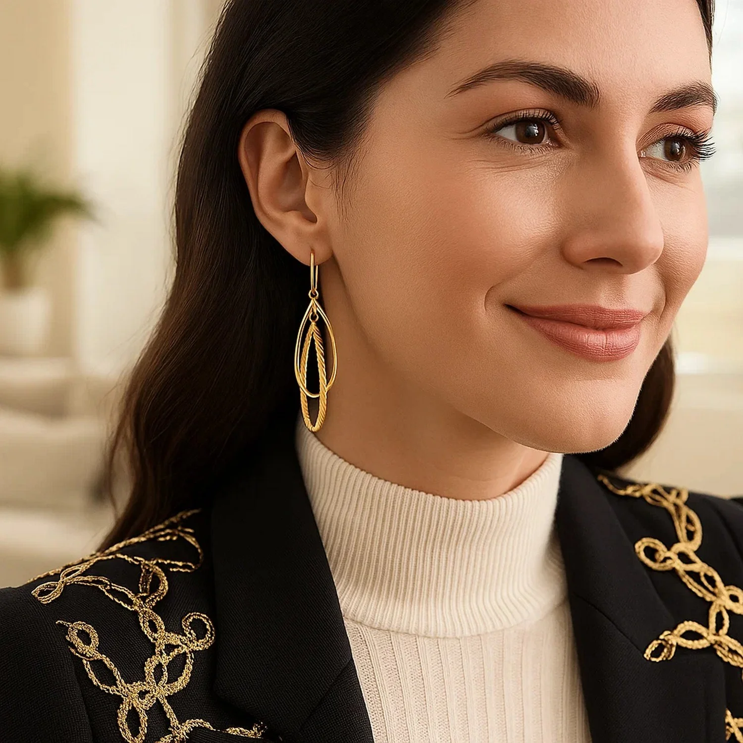 14k Yellow Gold Earrings with Shiny and Textured Teardrop Dangles - Image 2