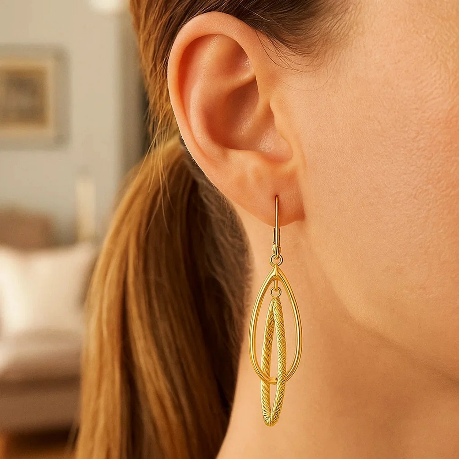 14k Yellow Gold Earrings with Shiny and Textured Teardrop Dangles - Image 3