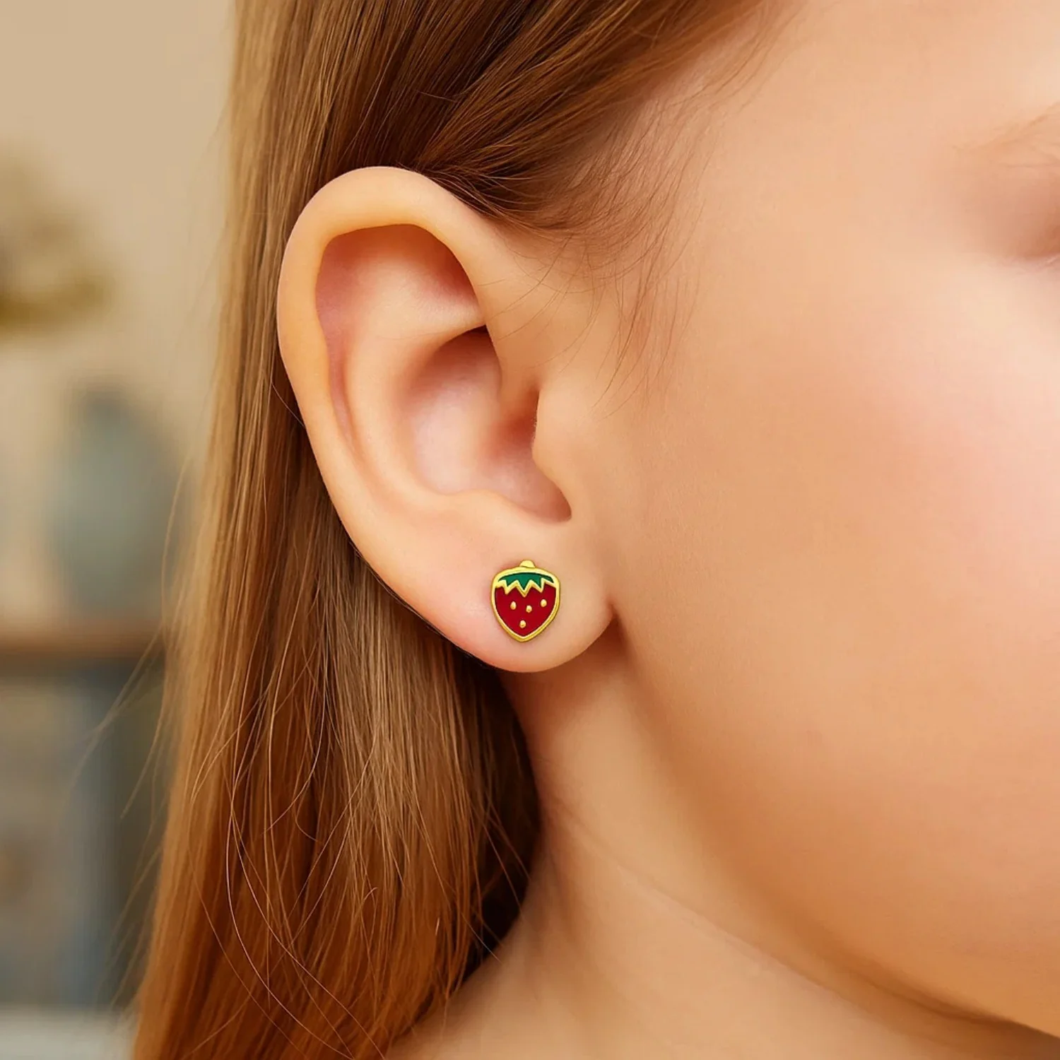 14k Yellow Gold Enameled Strawberry Childrens Earrings - Image 5