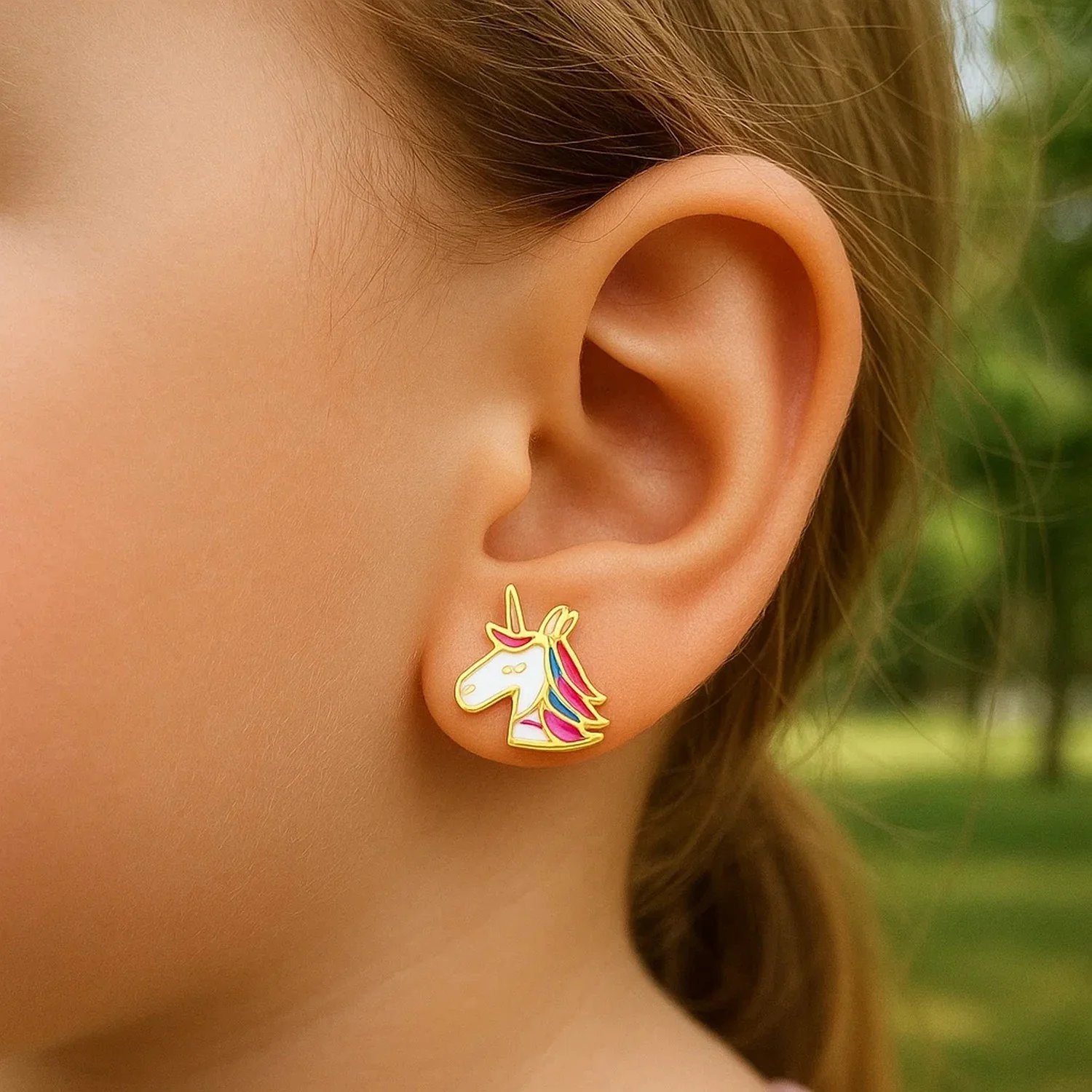 14k Yellow Gold Enameled Unicorn Childrens Earrings - Image 2
