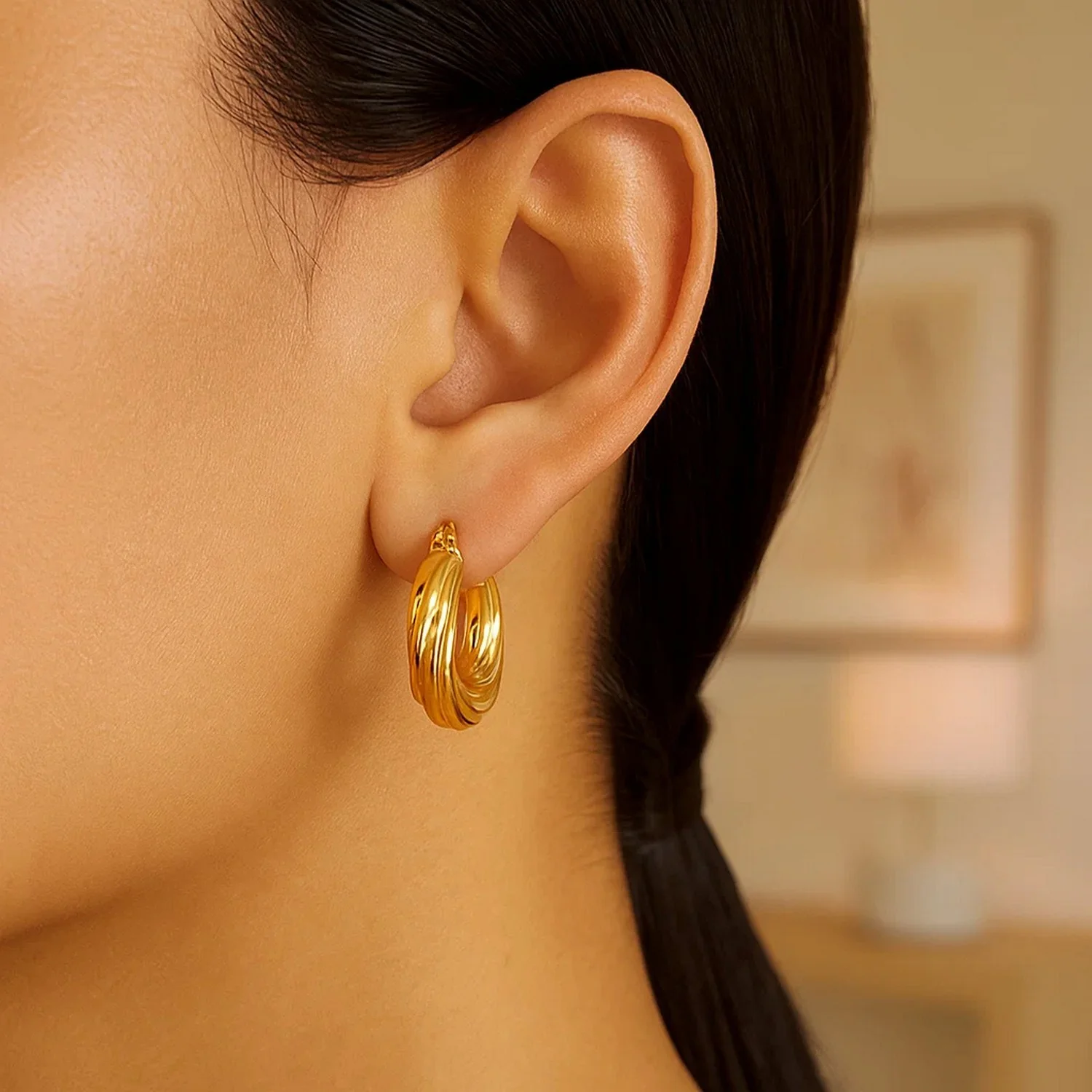 14k Yellow Gold Fancy Twist Hoop Earrings (7/8 inch Diameter) - Image 3