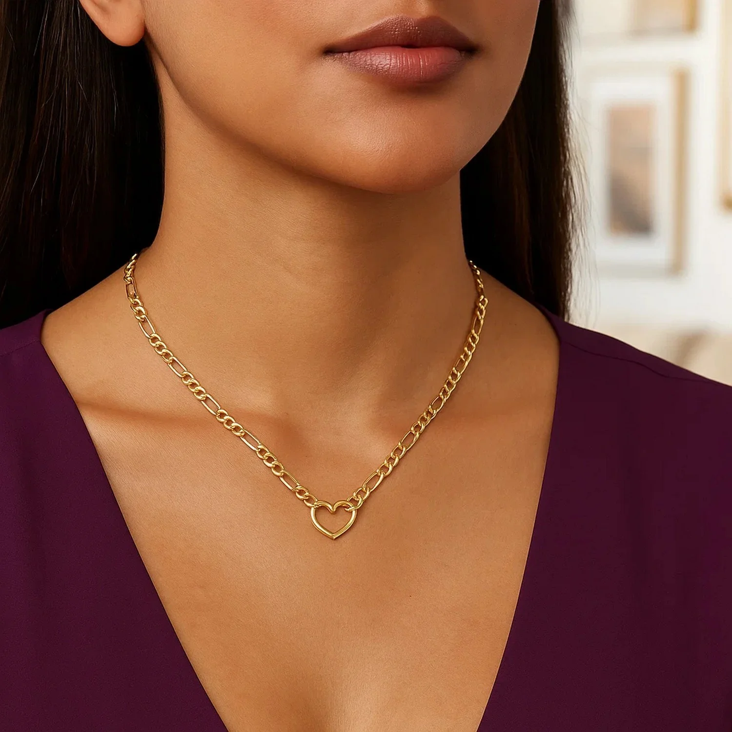 14k Yellow Gold Figaro Chain Necklace with Heart - Image 6