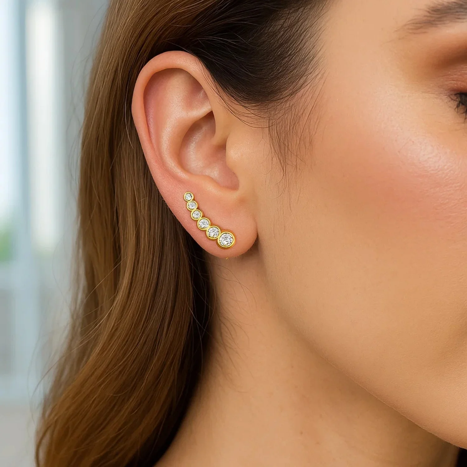 14k Yellow Gold Graduated Circles Climber Post Earrings with Cubic Zirconias - Image 2