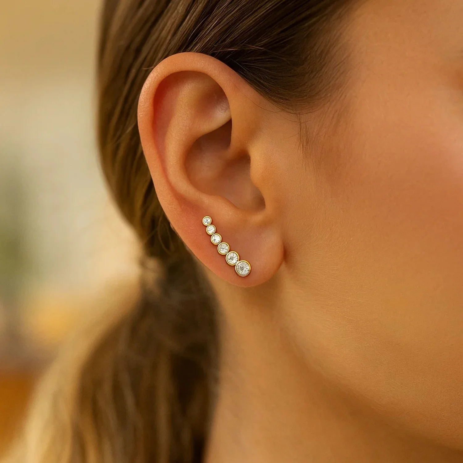 14k Yellow Gold Graduated Circles Climber Post Earrings with Cubic Zirconias - Image 3